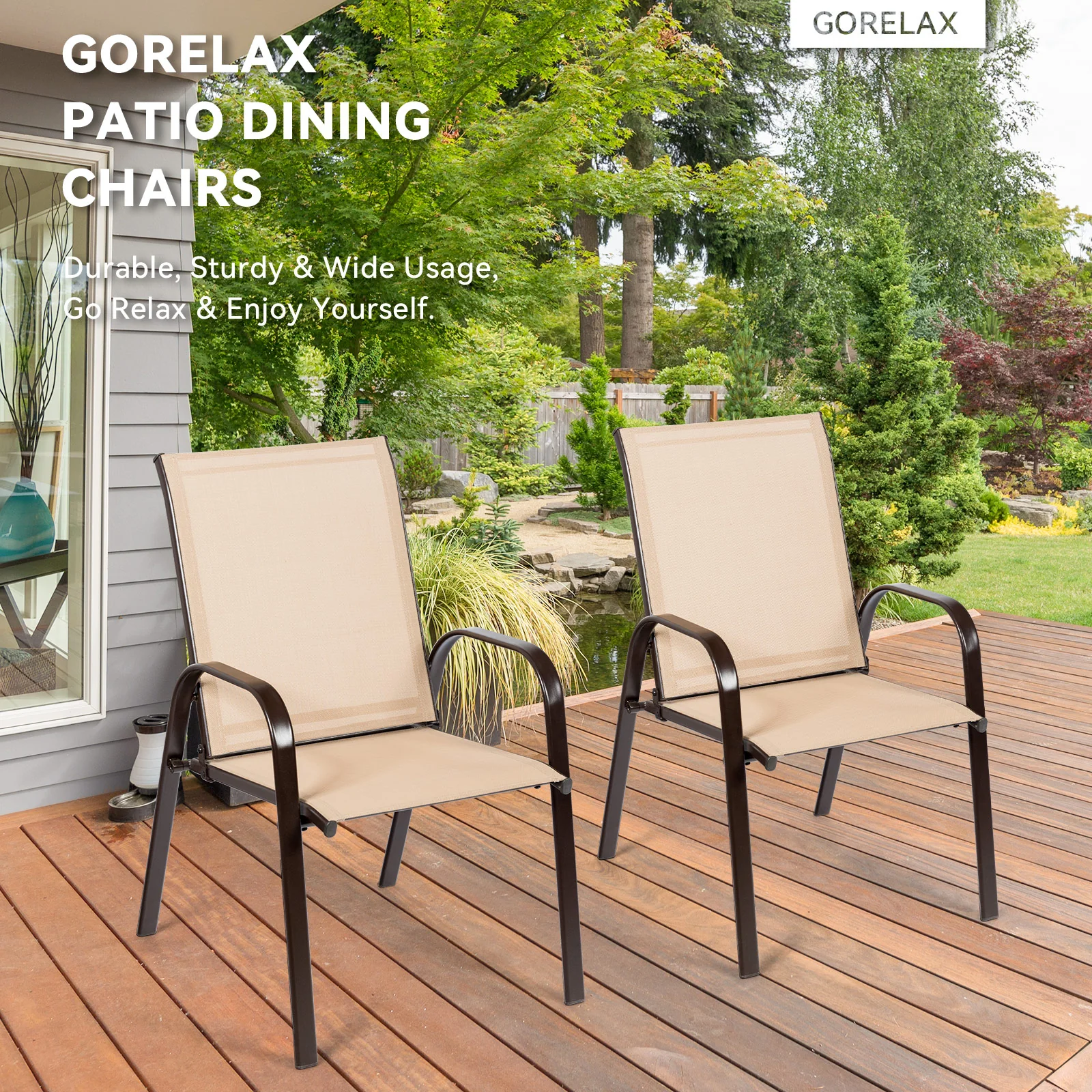 Patio Outdoor Dining Chair With Armrest, 2 Pieces, Beige - Image 2