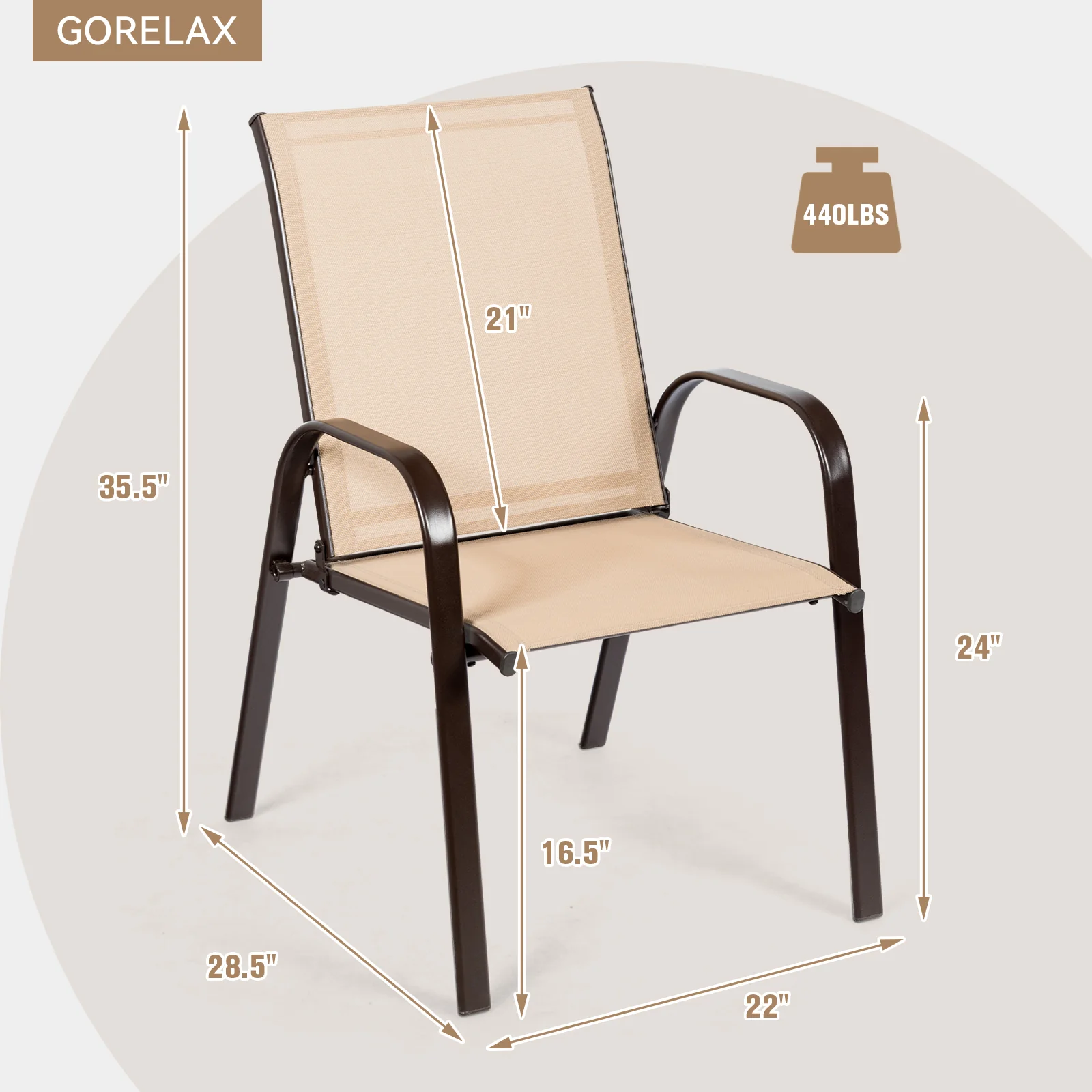 Patio Outdoor Dining Chair With Armrest, 2 Pieces, Beige - Image 5