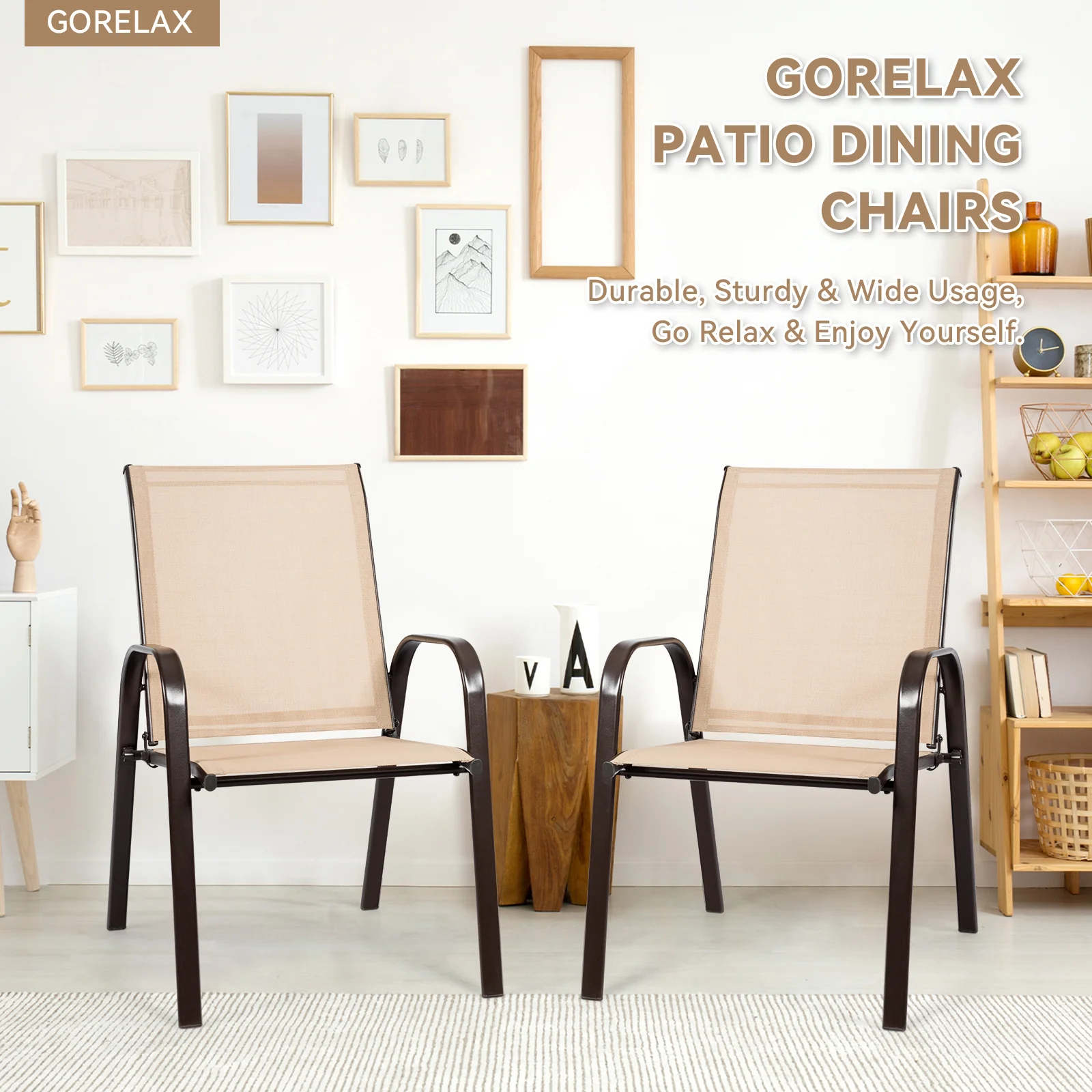 Patio Outdoor Dining Chair With Armrest, 2 Pieces, Beige - Image 7