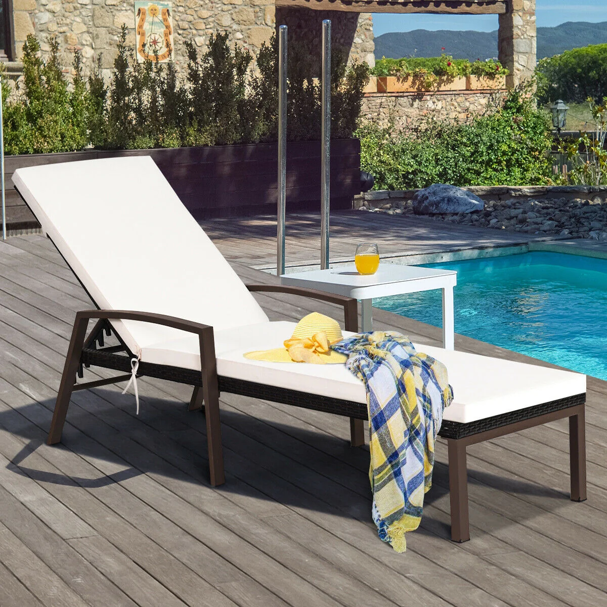 Patio PE Rattan Chaise Recliner, Adjustable Back, Cushioned, White - Image 2