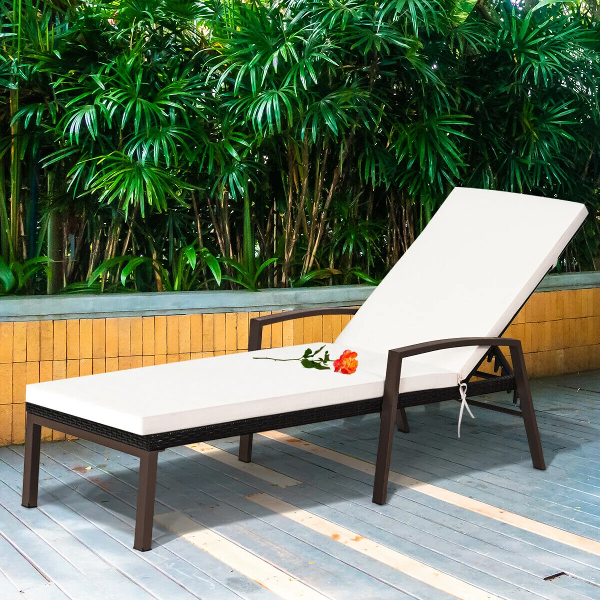 Patio PE Rattan Chaise Recliner, Adjustable Back, Cushioned, White - Image 7