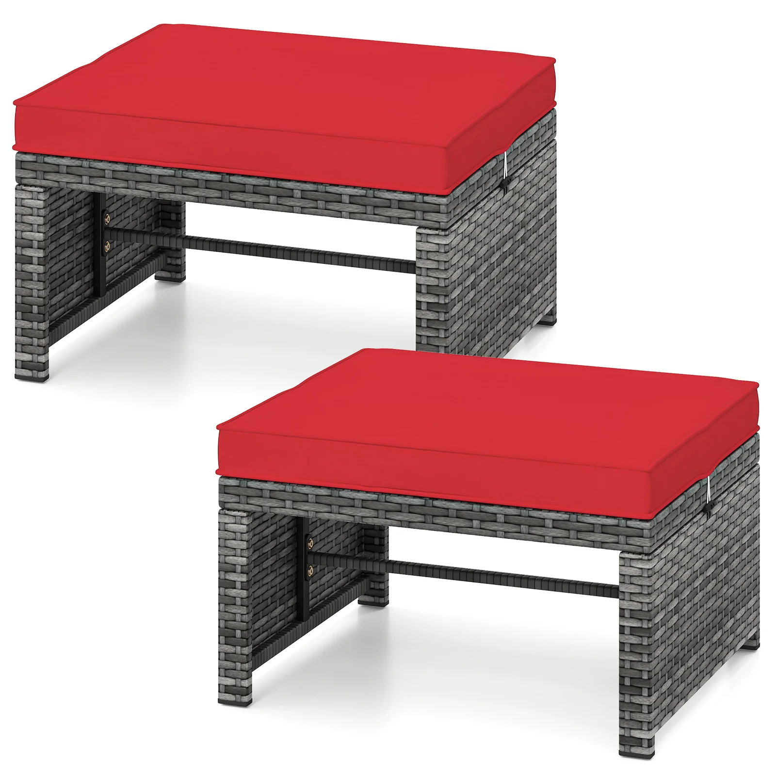 Patio PE Rattan Ottomans, 2 Pieces, Soft Zippered Cushions, Red