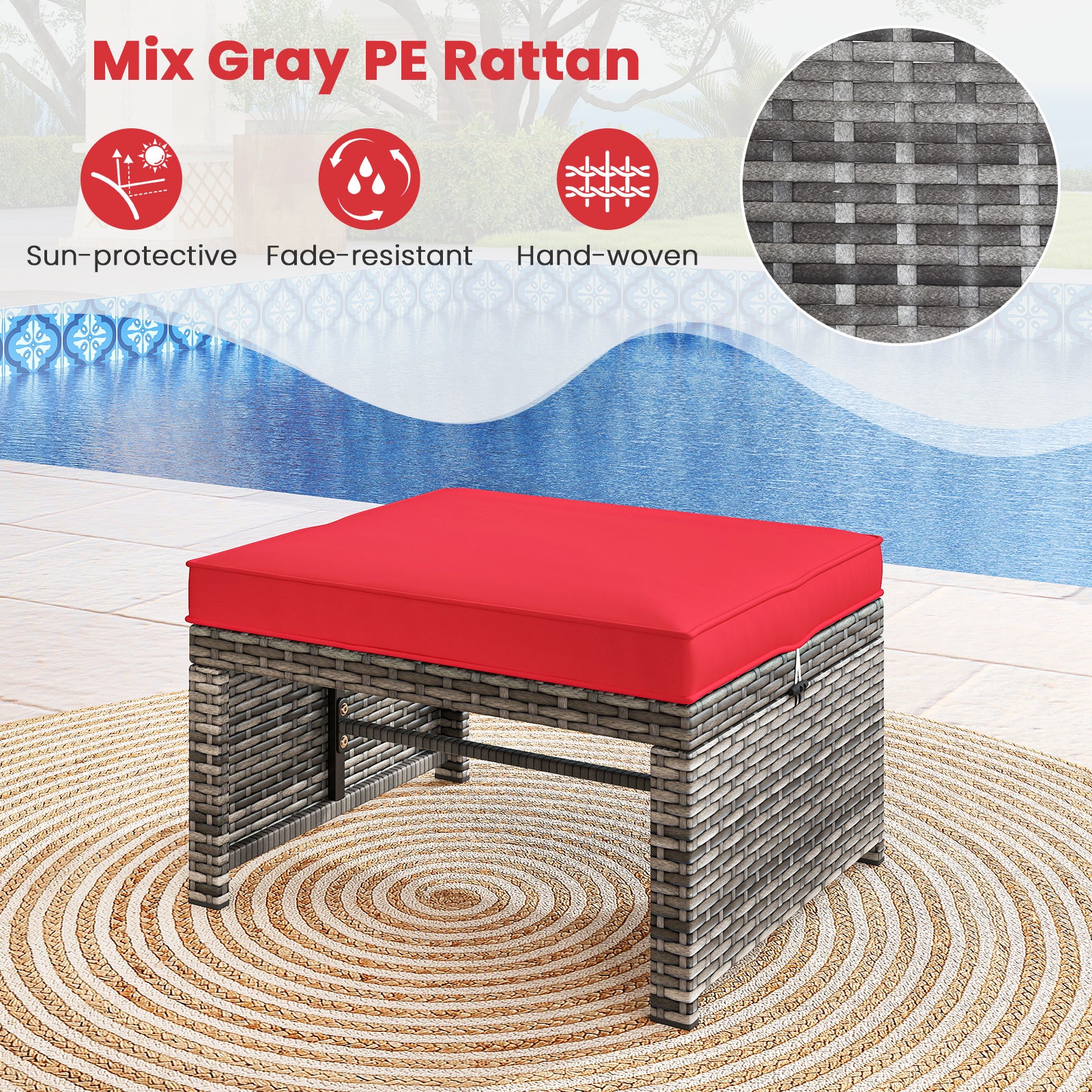 Patio PE Rattan Ottomans, 2 Pieces, Soft Zippered Cushions, Red - Image 7