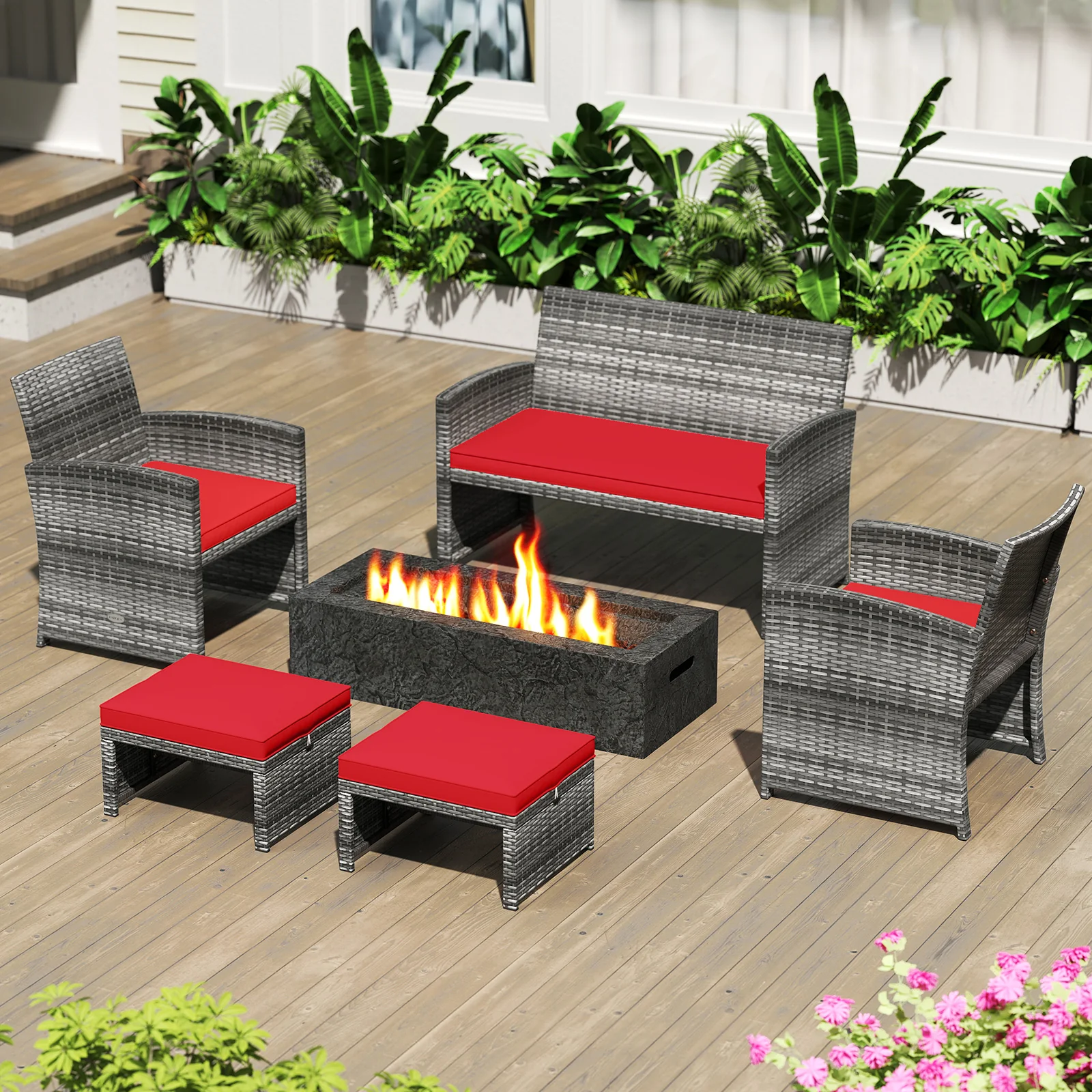 Patio PE Rattan Ottomans, 2 Pieces, Soft Zippered Cushions, Red - Image 8