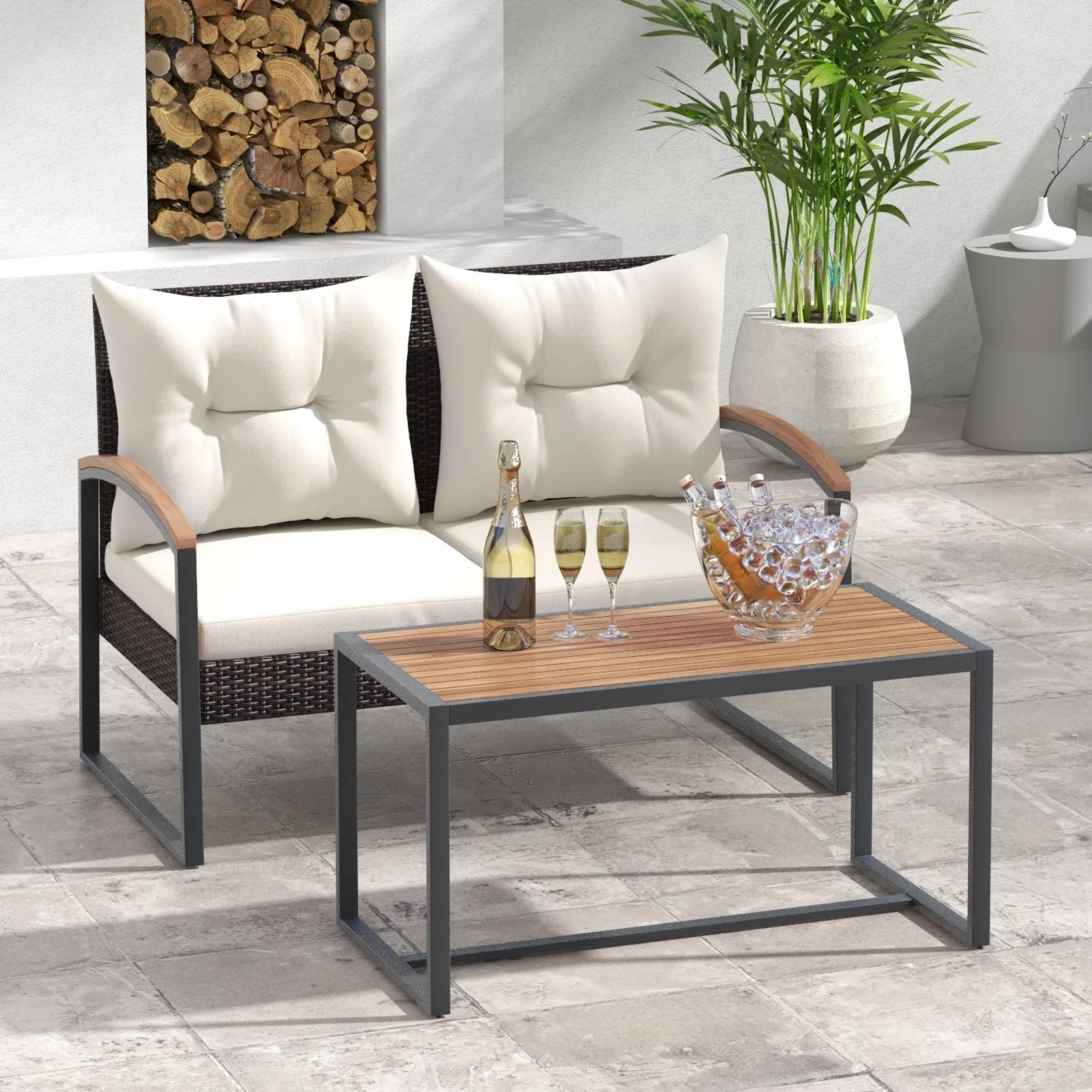 Patio PE Wicker Furniture Set, Acacia Wood Coffee Table, White - Image 2