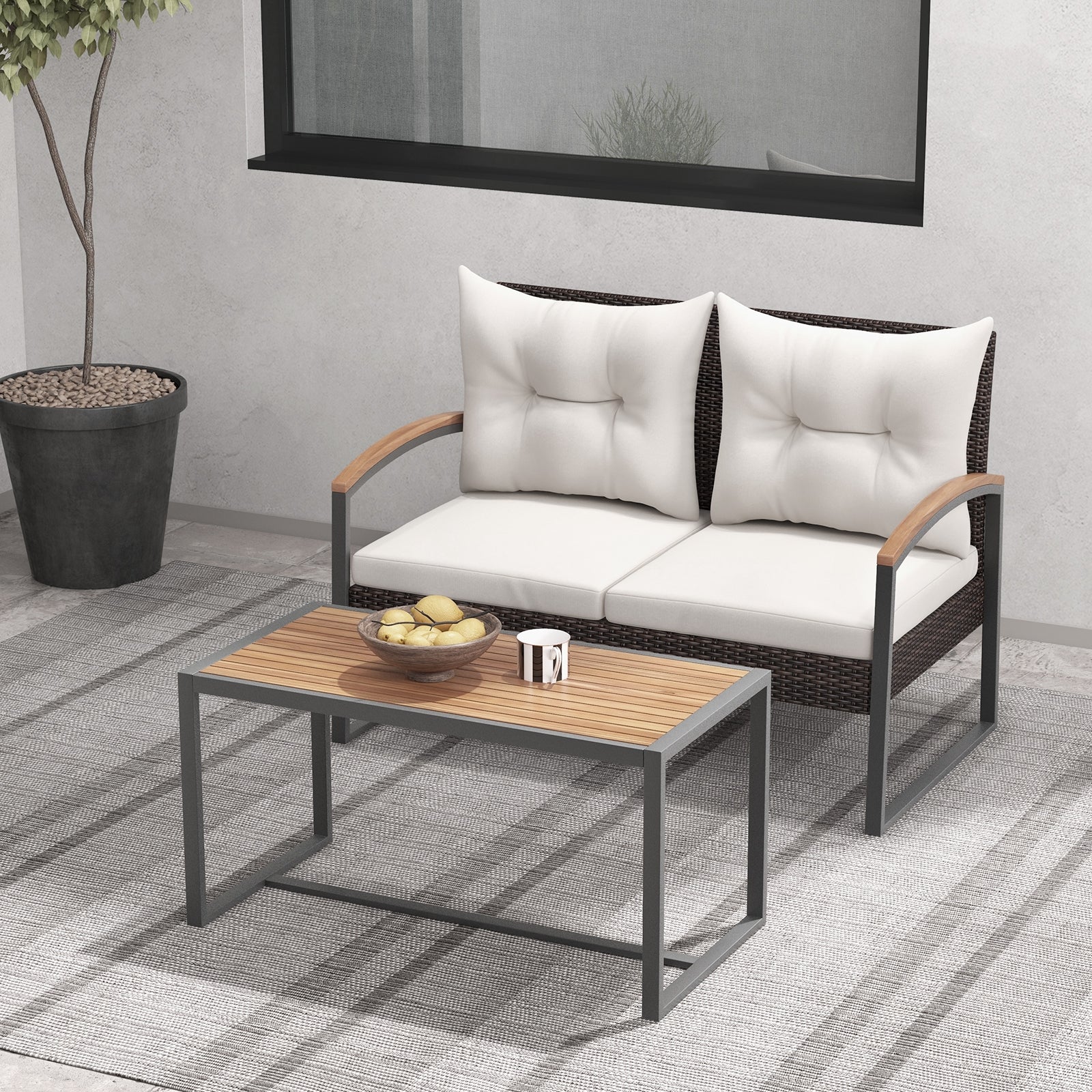 Patio PE Wicker Furniture Set, Acacia Wood Coffee Table, White - Image 3