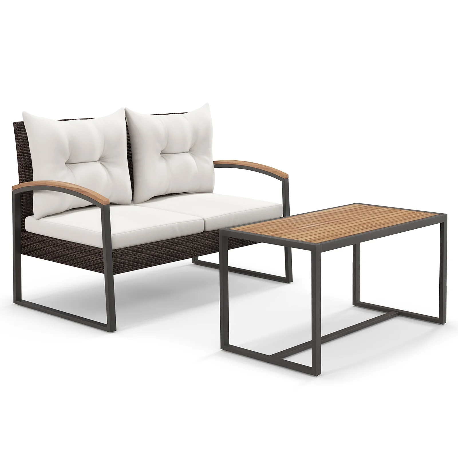 Patio PE Wicker Furniture Set, Acacia Wood Coffee Table, White - Image 4