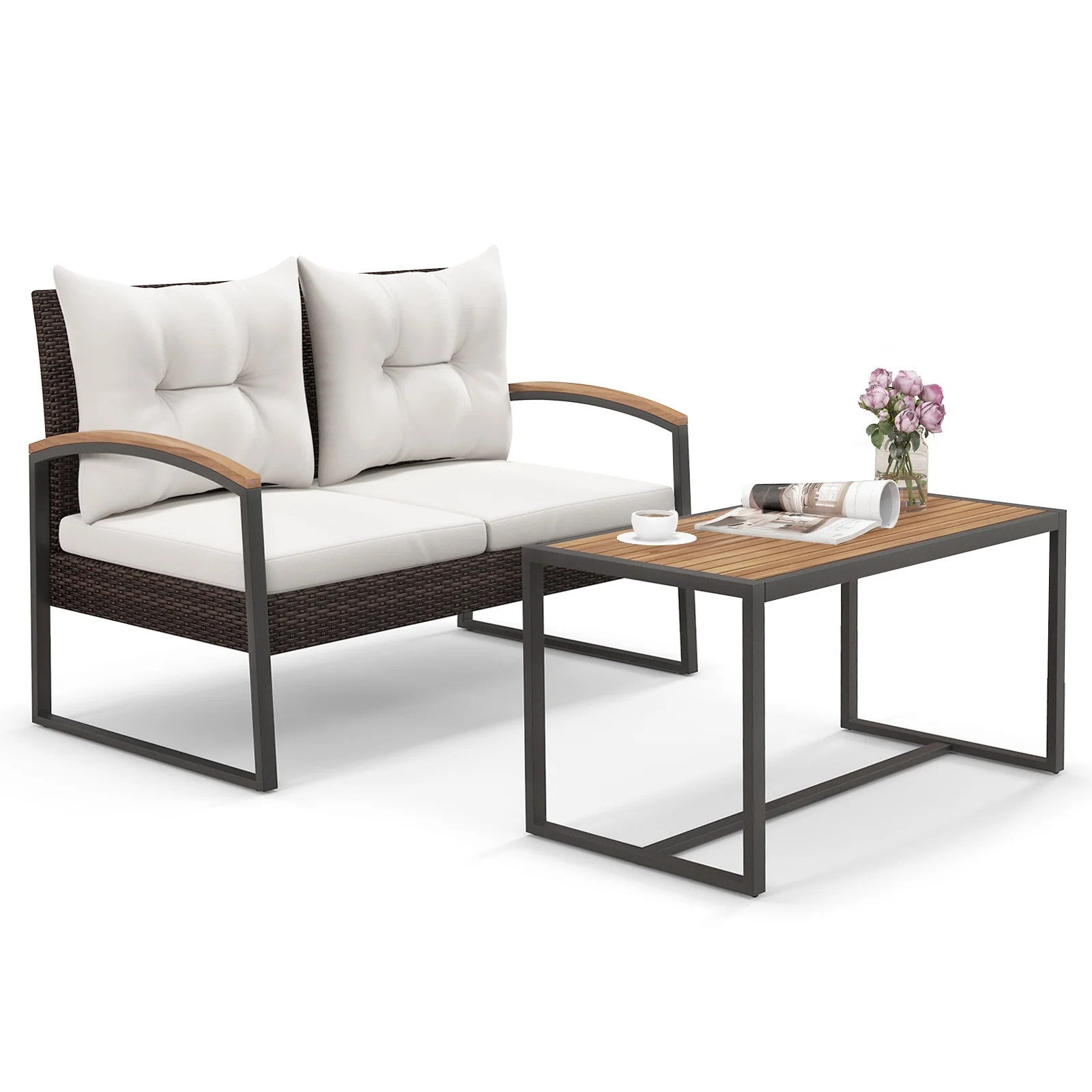 Patio PE Wicker Furniture Set, Acacia Wood Coffee Table, White - Image 5