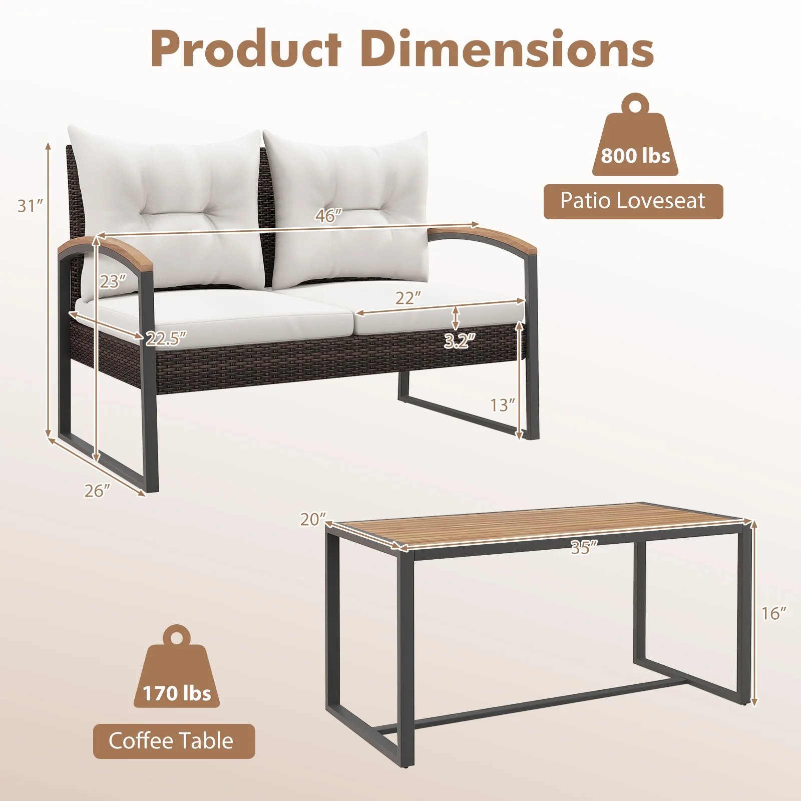 Patio PE Wicker Furniture Set, Acacia Wood Coffee Table, White - Image 6
