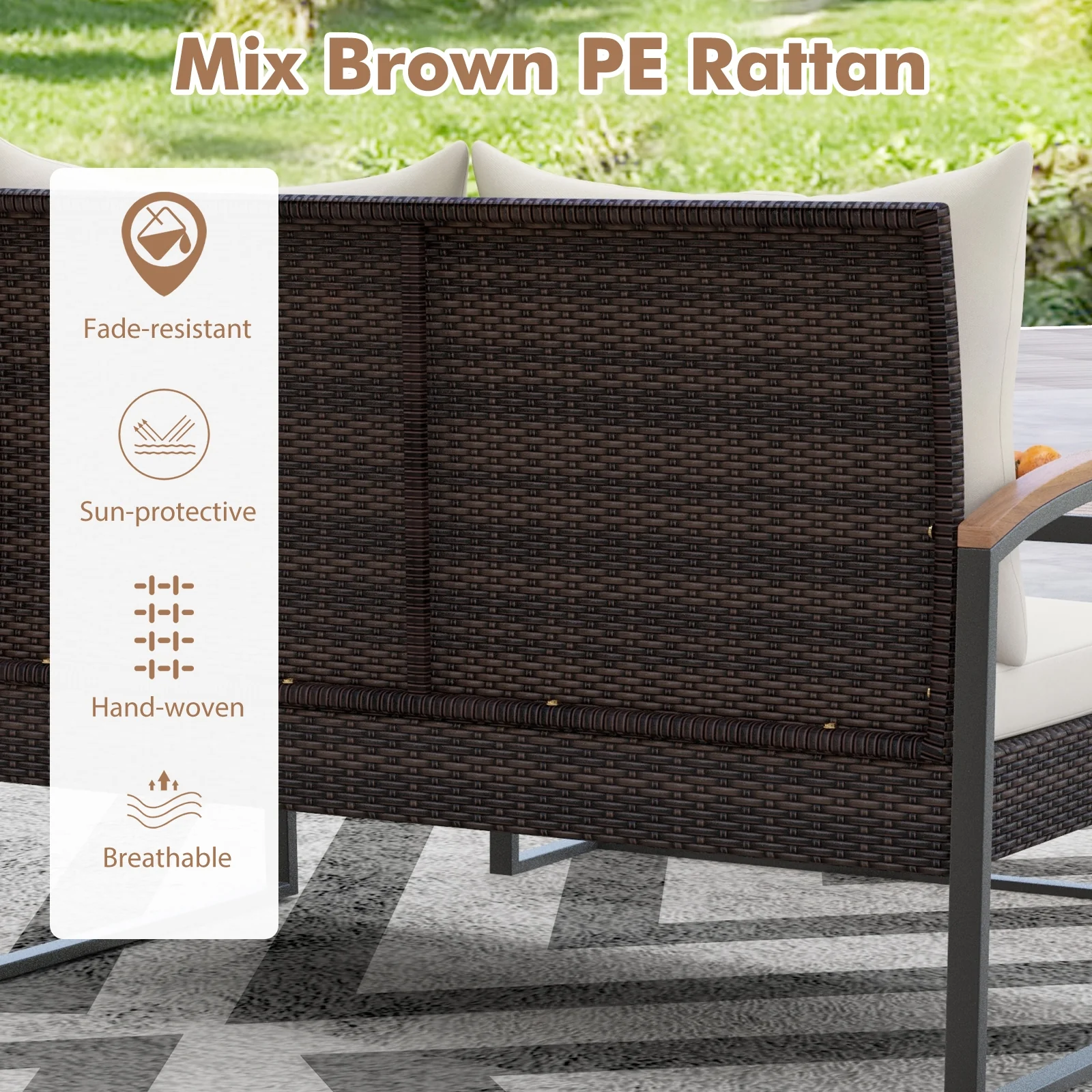 Patio PE Wicker Furniture Set, Acacia Wood Coffee Table, White - Image 7