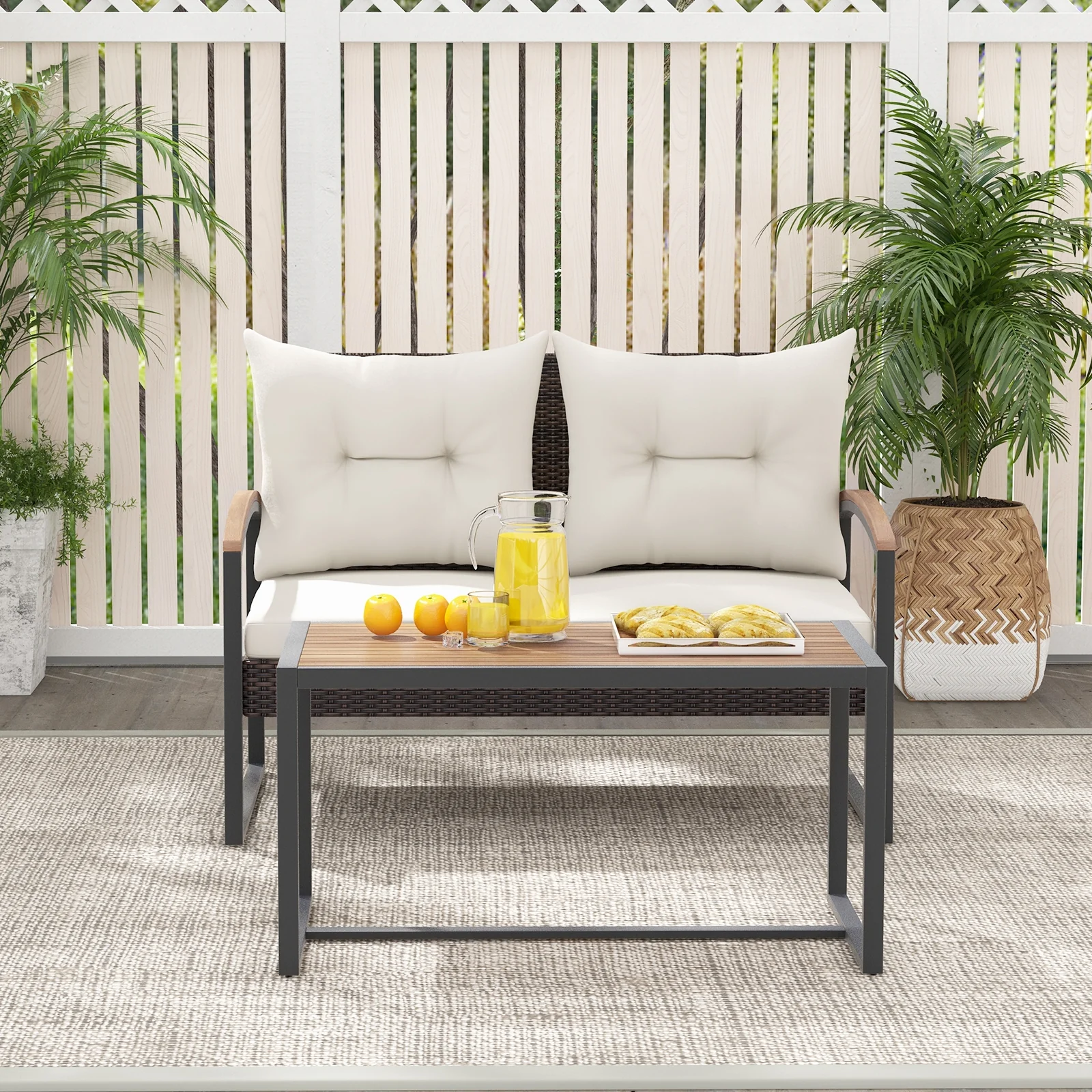 Patio PE Wicker Furniture Set, Acacia Wood Coffee Table, White - Image 8