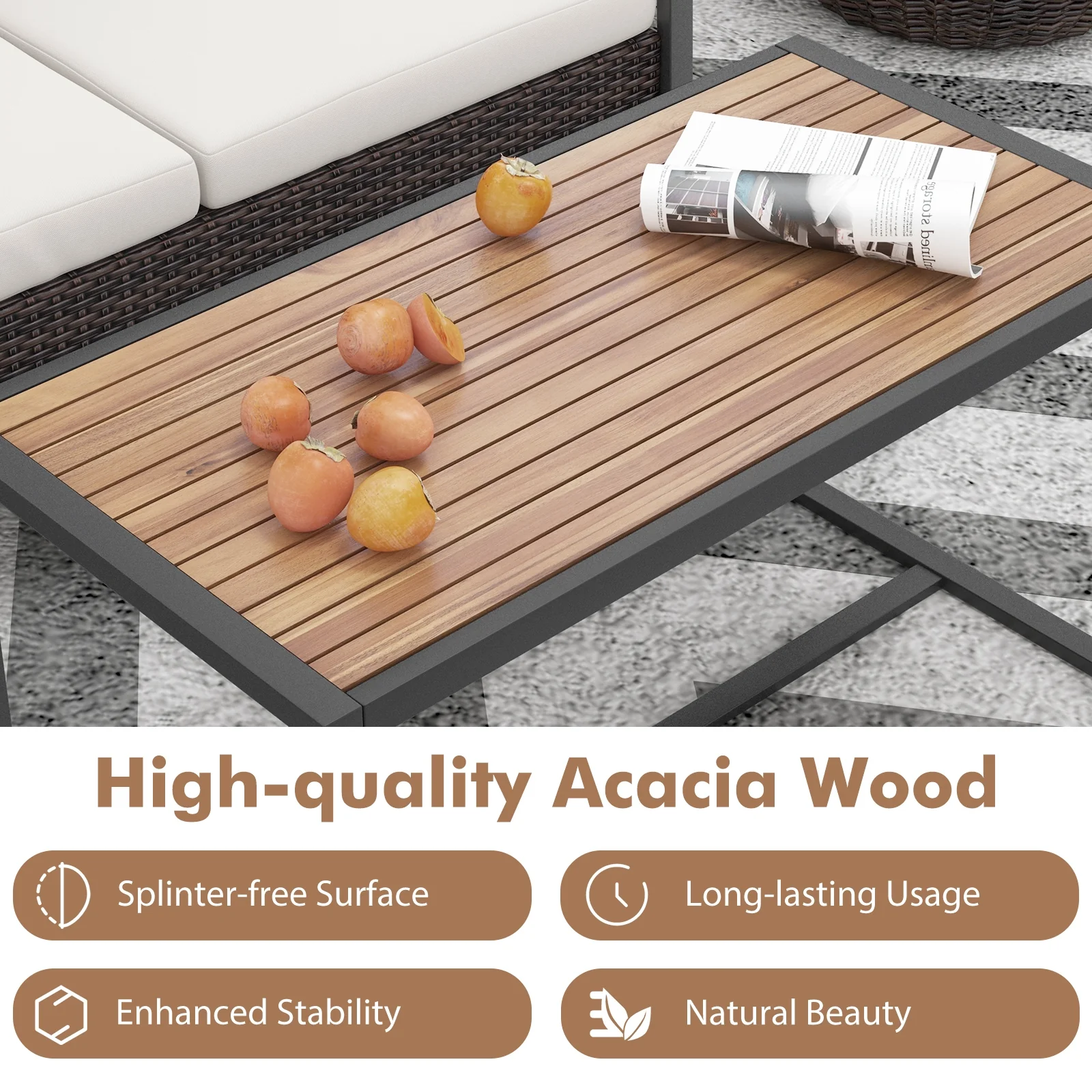 Patio PE Wicker Furniture Set, Acacia Wood Coffee Table, White - Image 9