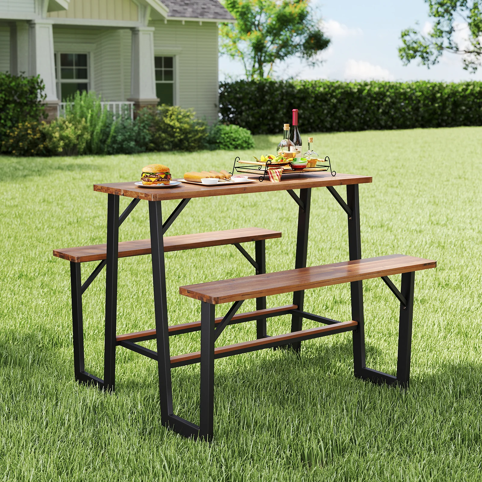 Patio Picnic Table Bench Set, Acacia Wood Tabletop, Natural - Image 2