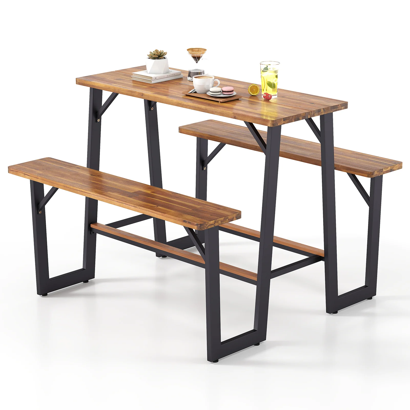 Patio Picnic Table Bench Set, Acacia Wood Tabletop, Natural - Image 5