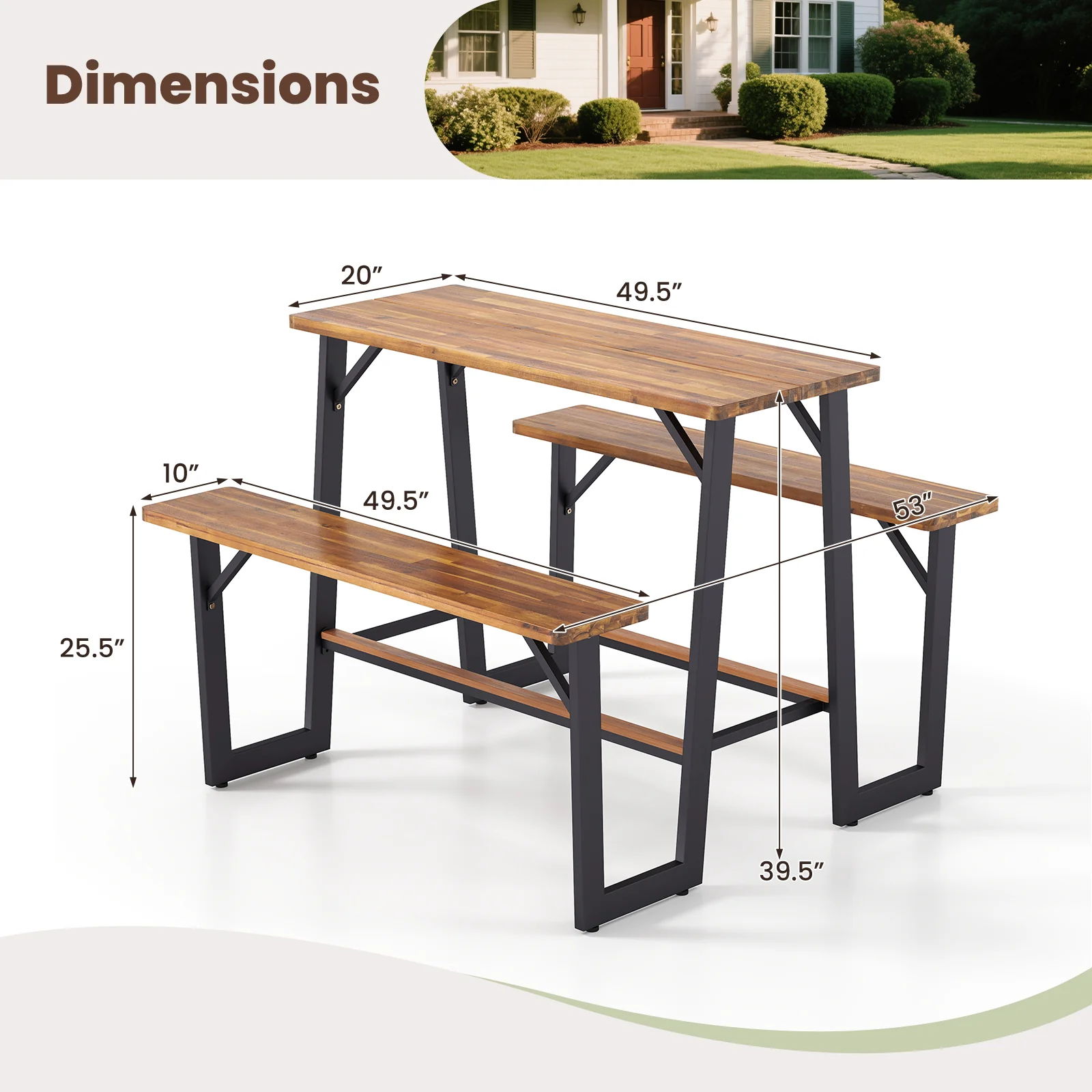 Patio Picnic Table Bench Set, Acacia Wood Tabletop, Natural - Image 6