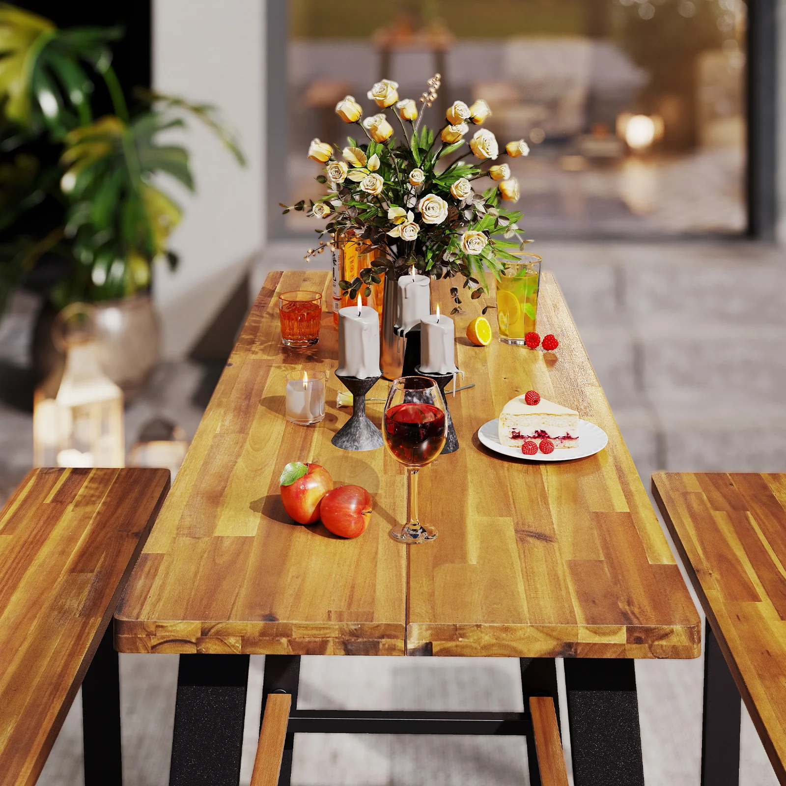 Patio Picnic Table Bench Set, Acacia Wood Tabletop, Natural - Image 7