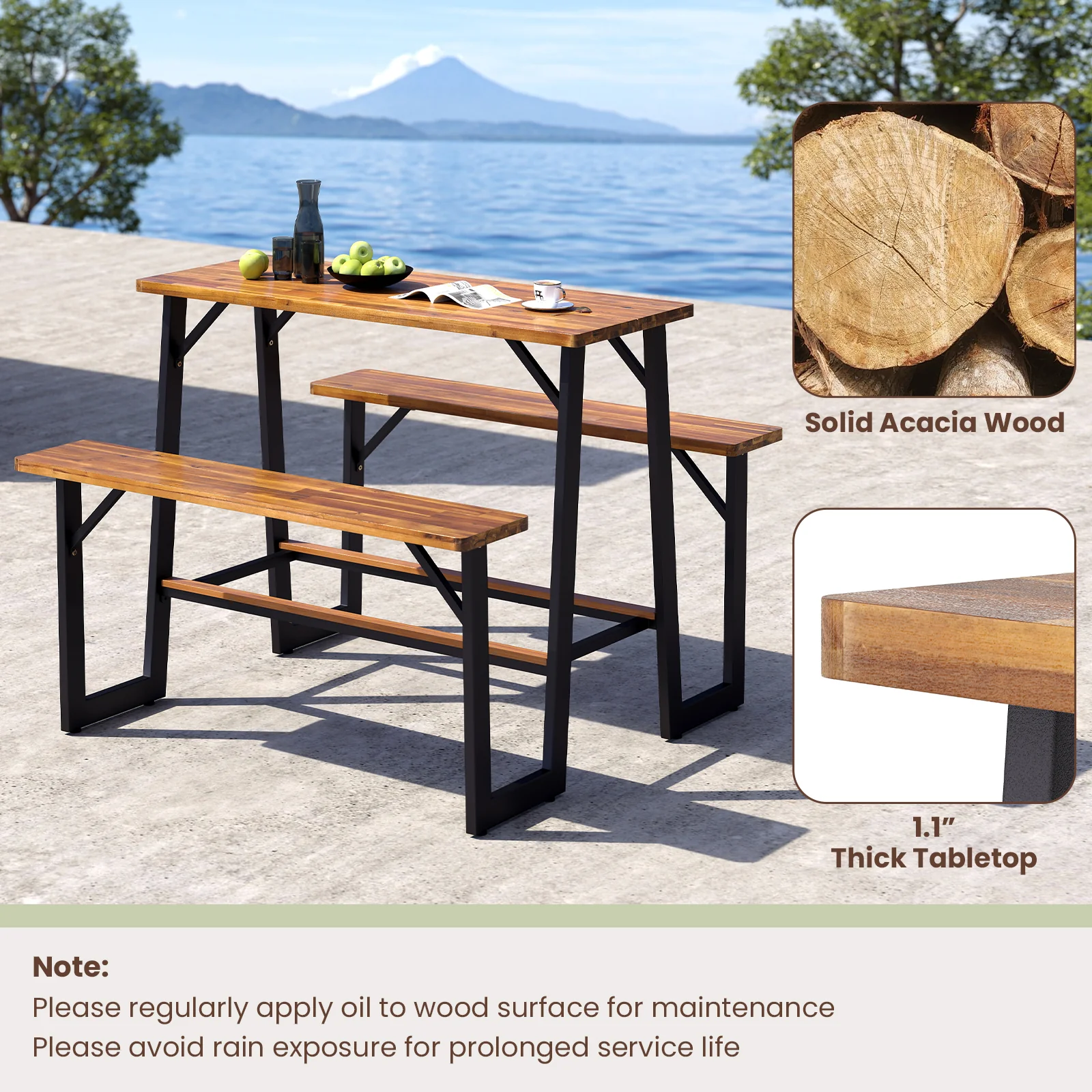 Patio Picnic Table Bench Set, Acacia Wood Tabletop, Natural - Image 9