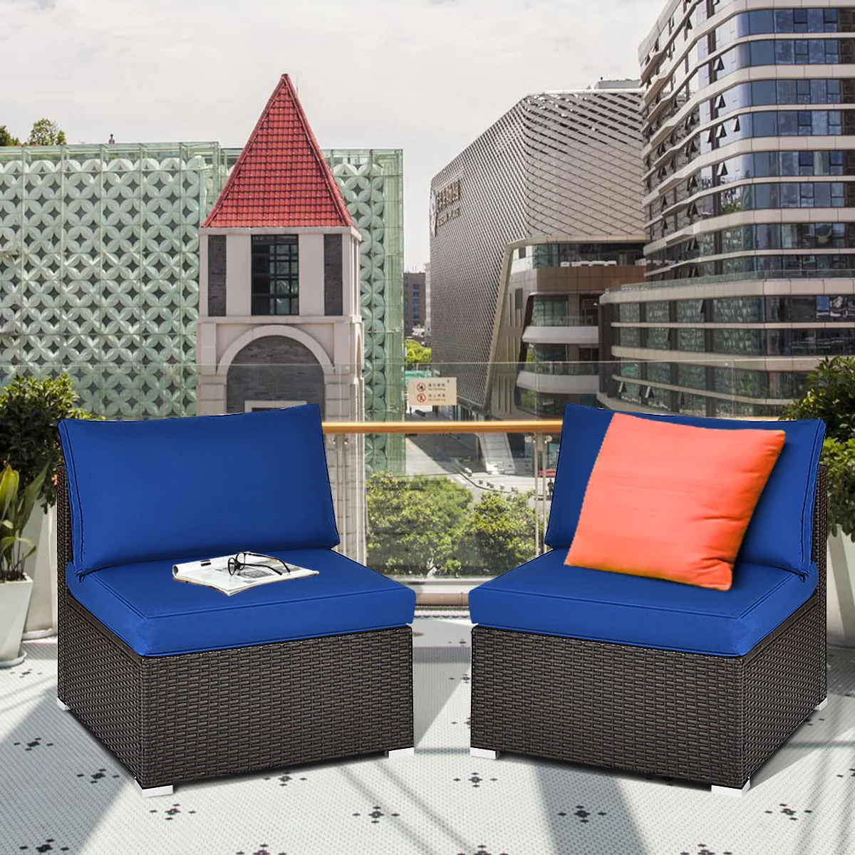 Patio Rattan Armless Sofa Set, 2 Pieces, Navy - Image 2