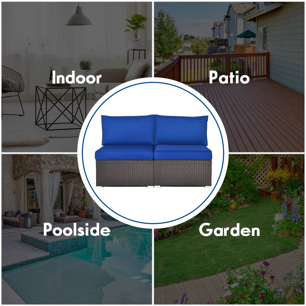Patio Rattan Armless Sofa Set, 2 Pieces, Navy - Image 3