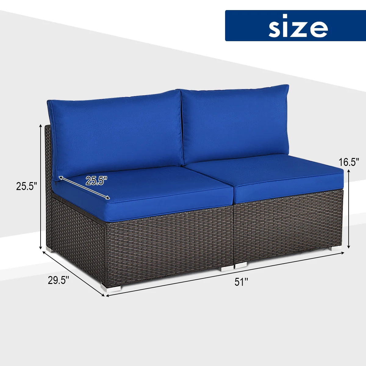Patio Rattan Armless Sofa Set, 2 Pieces, Navy - Image 5