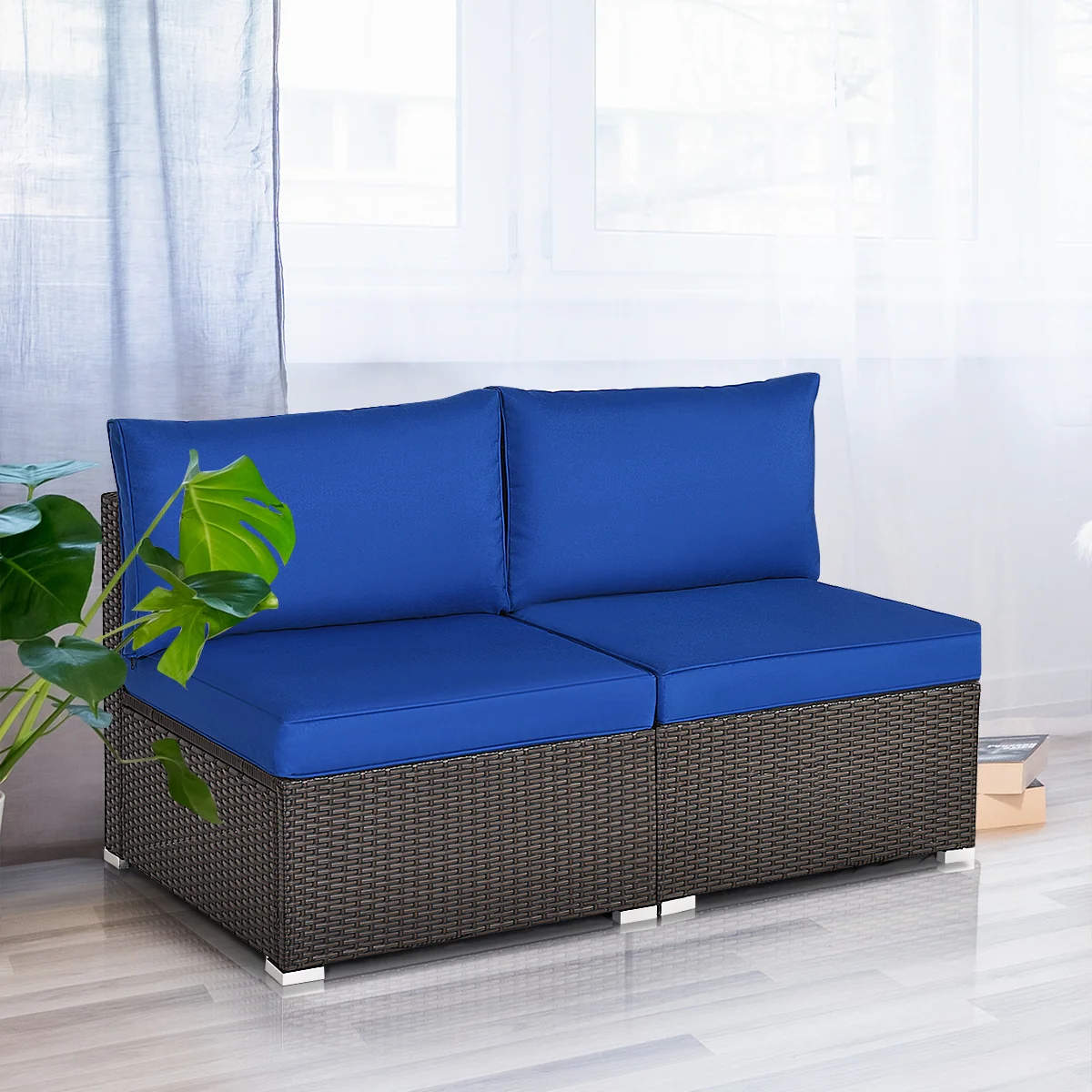 Patio Rattan Armless Sofa Set, 2 Pieces, Navy - Image 7