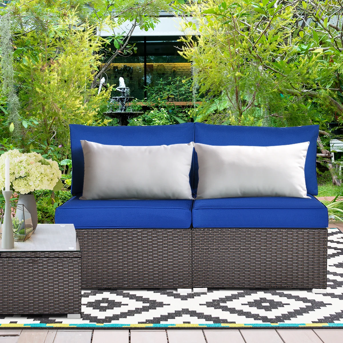 Patio Rattan Armless Sofa Set, 2 Pieces, Navy - Image 8