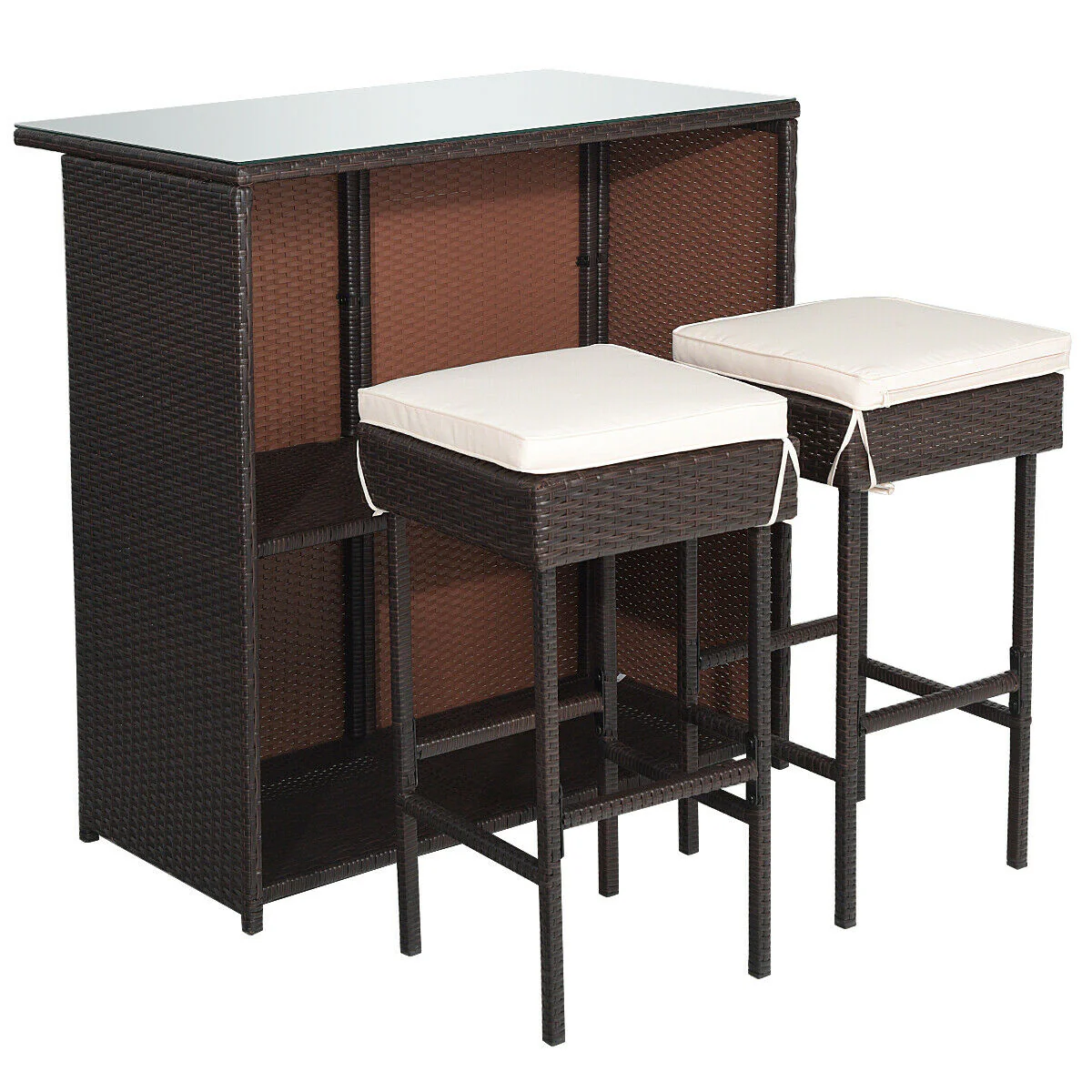 Patio Rattan Bar Table Stools Dining Set, 3 Pieces, Beige - Image 4