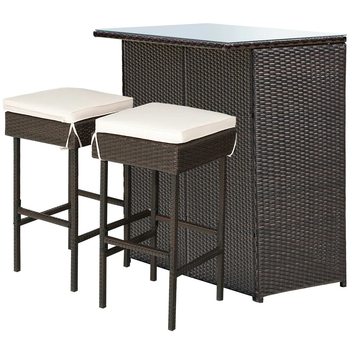Patio Rattan Bar Table Stools Dining Set, 3 Pieces, Beige - Image 9