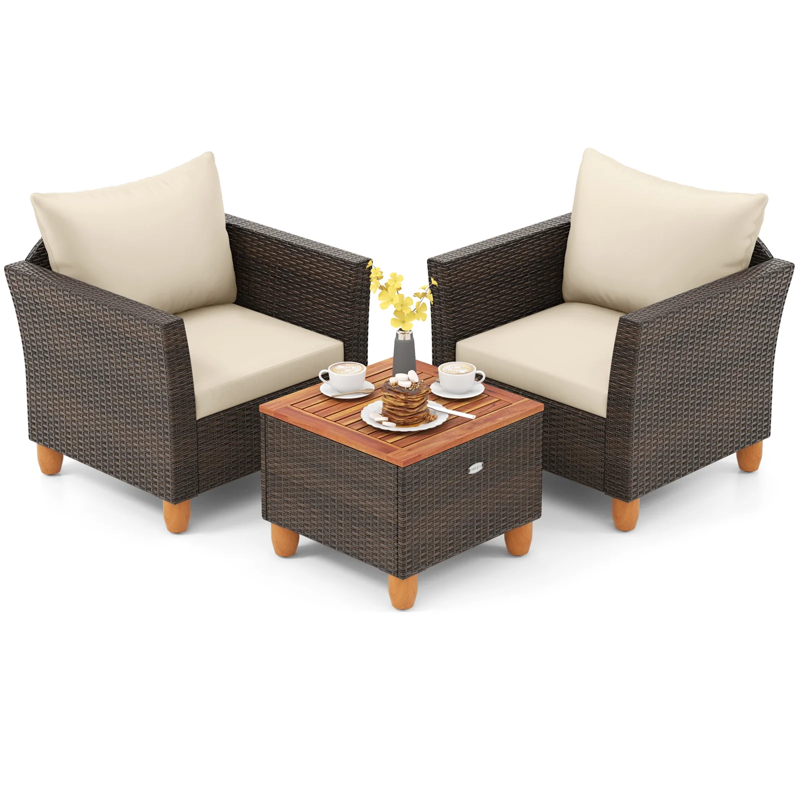 Patio Rattan Bistro Set, 3 Pieces, Wooden Table Top, Brown - Image 4
