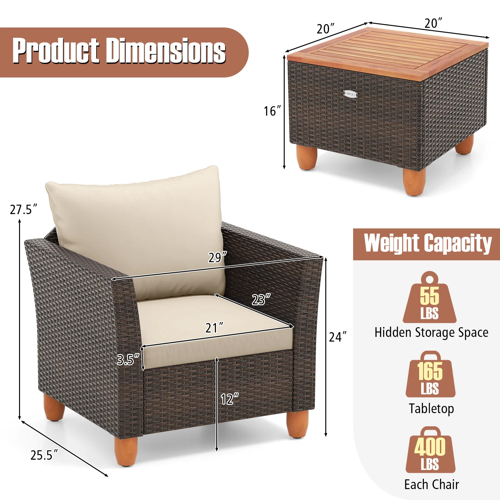Patio Rattan Bistro Set, 3 Pieces, Wooden Table Top, Brown - Image 5