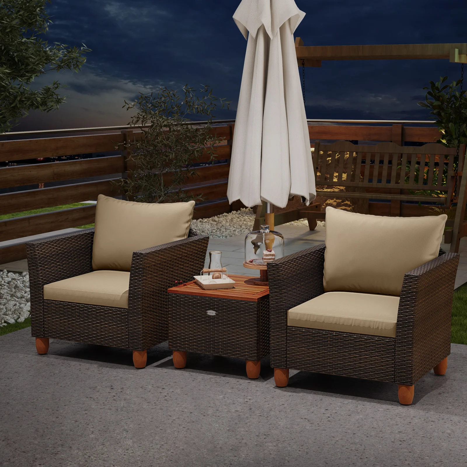 Patio Rattan Bistro Set, 3 Pieces, Wooden Table Top, Brown - Image 7