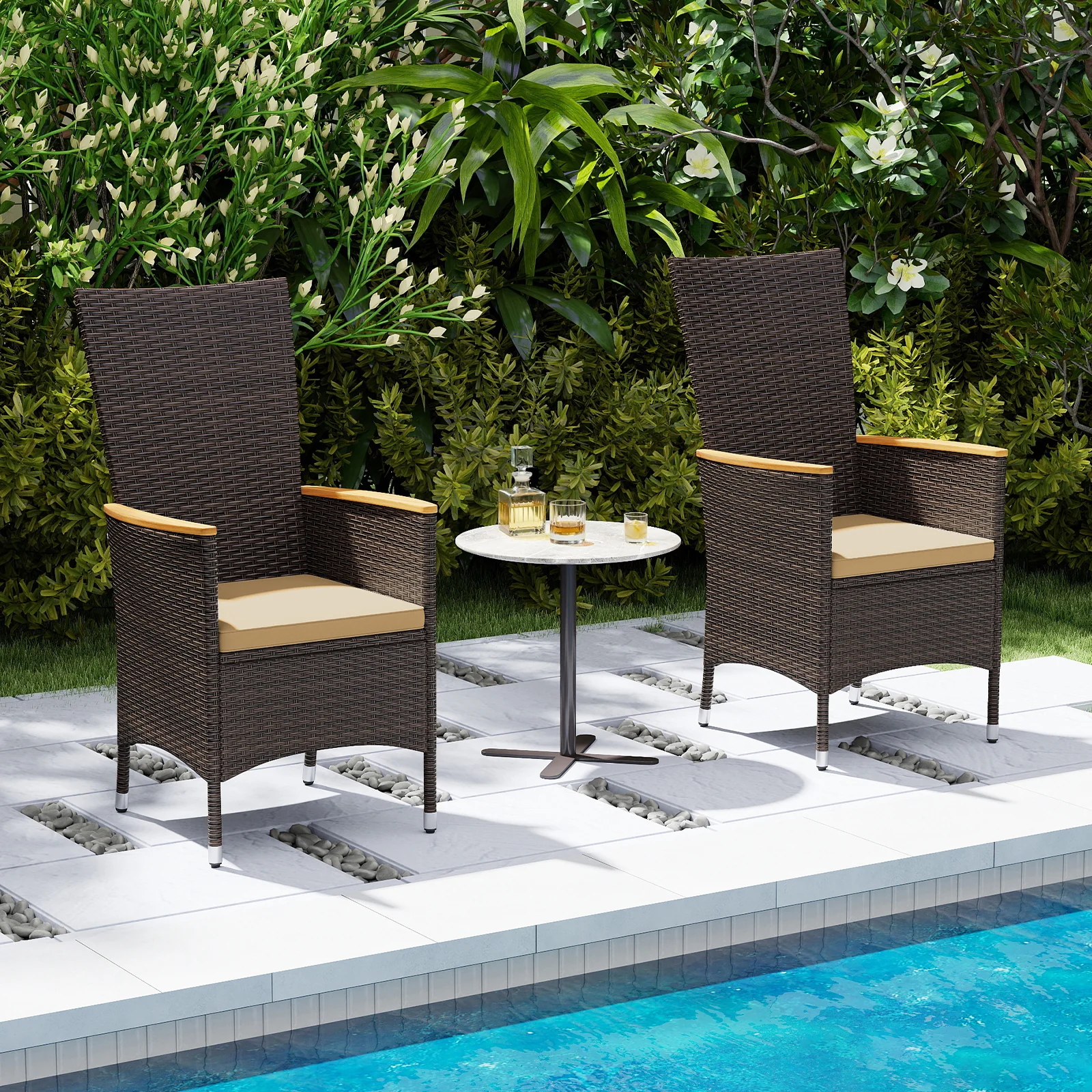 Patio Rattan Chairs Set of 2 Outdoor Wicker Dining Chairs with High Backrest, Beige - Image 2