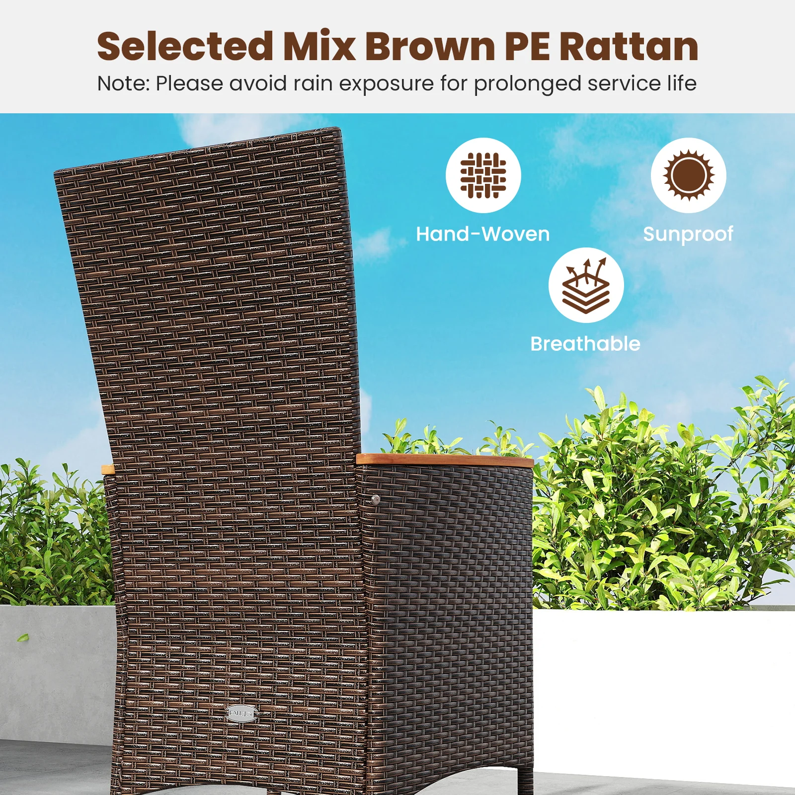Patio Rattan Chairs Set of 2 Outdoor Wicker Dining Chairs with High Backrest, Beige - Image 6