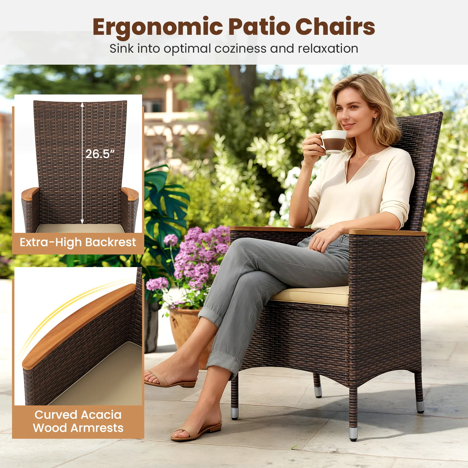 Patio Rattan Chairs Set of 2 Outdoor Wicker Dining Chairs with High Backrest, Beige - Image 8