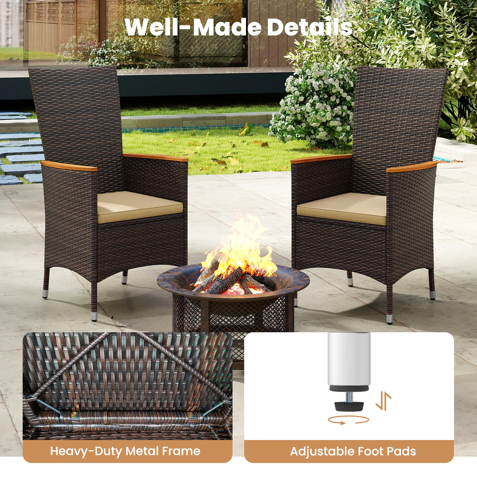 Patio Rattan Chairs Set of 2 Outdoor Wicker Dining Chairs with High Backrest, Beige - Image 9