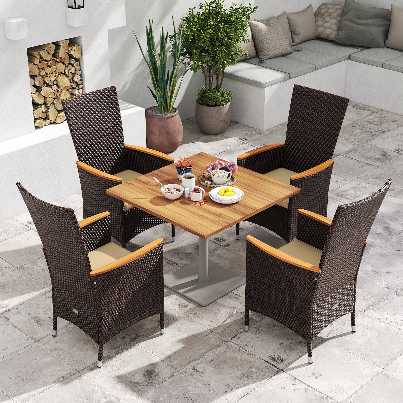 Patio Rattan Chairs Set of 4 Outdoor Wicker Dining Chairs with High Backrest, Beige - Image 3