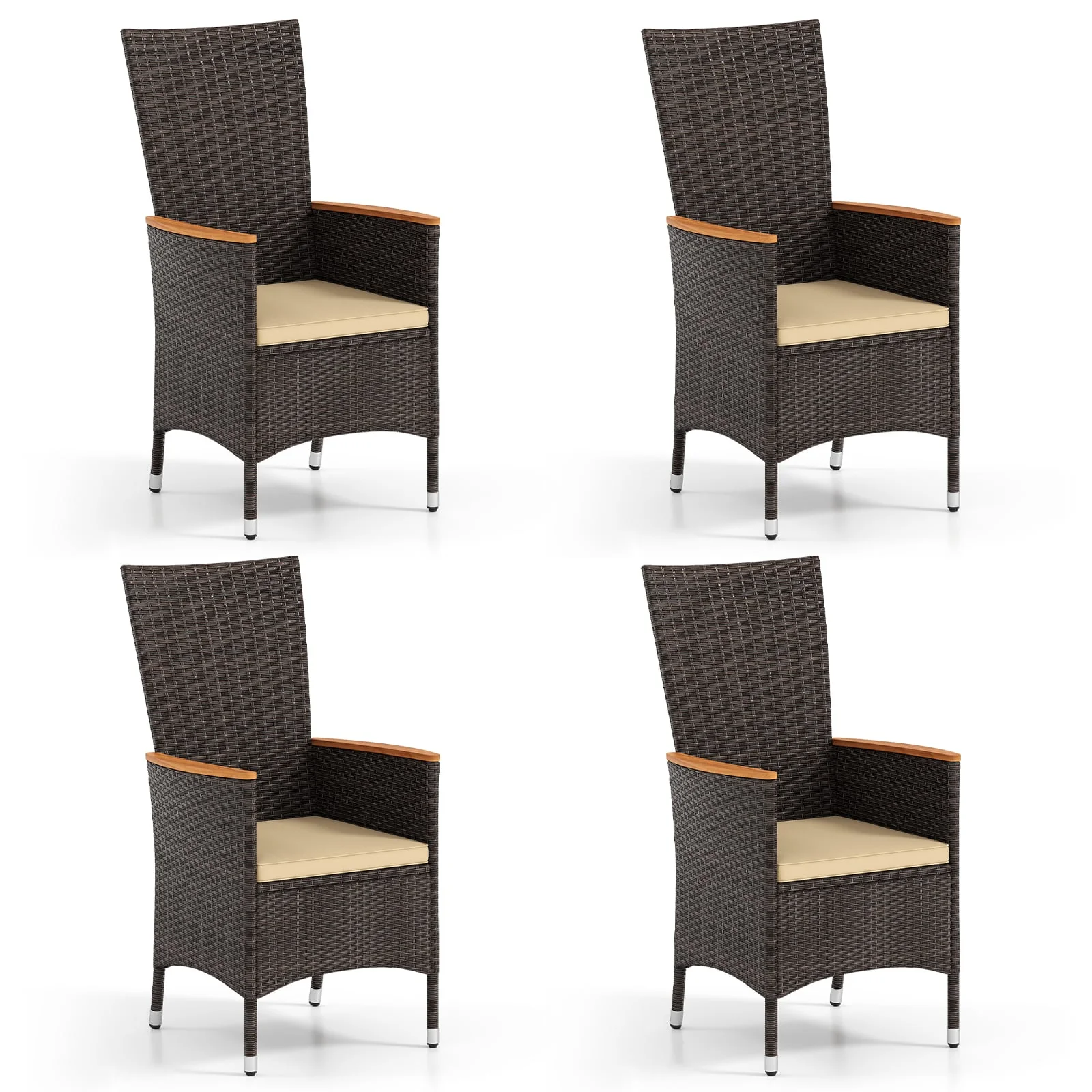Patio Rattan Chairs Set of 4 Outdoor Wicker Dining Chairs with High Backrest, Beige - Image 4