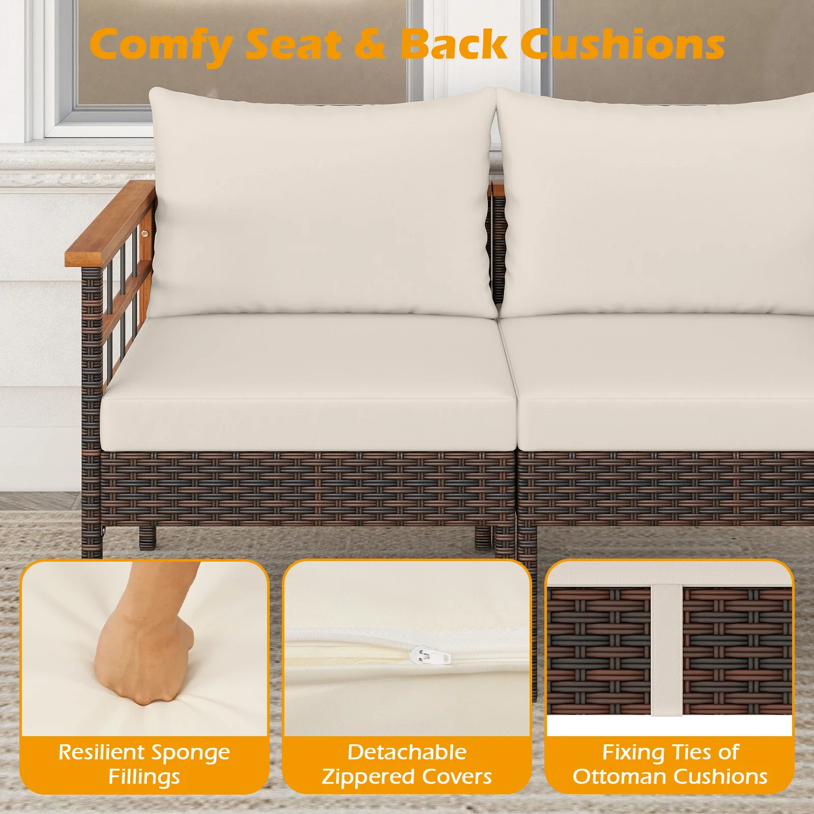 Patio Rattan Chairs with Ottomans and Side Table for Backyard-WH+, White - Image 10