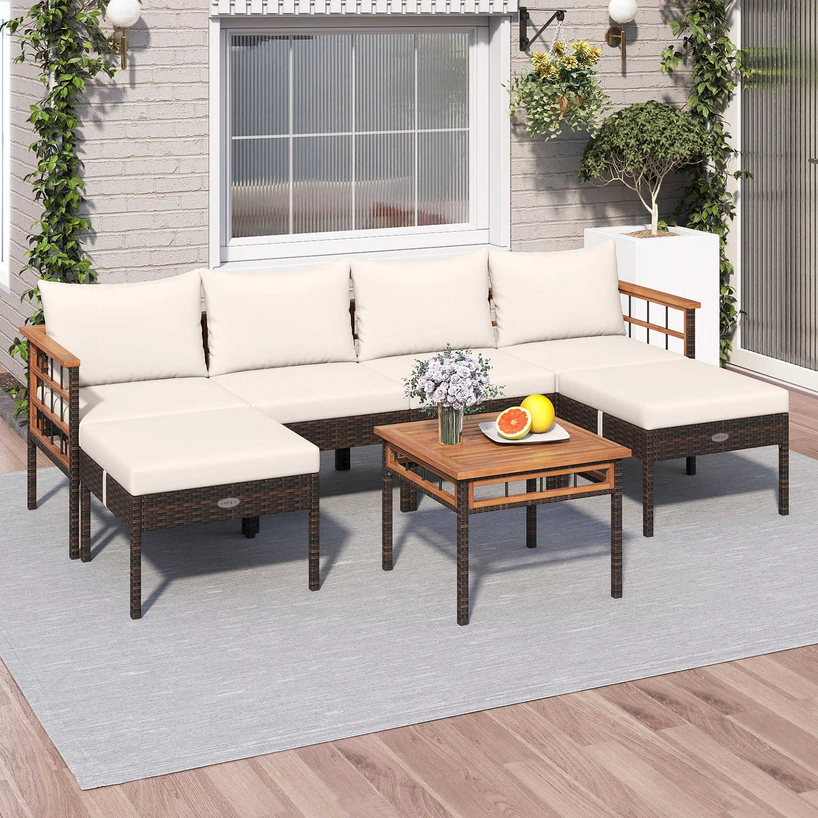 Patio Rattan Chairs with Ottomans and Side Table for Backyard-WH+, White - Image 2
