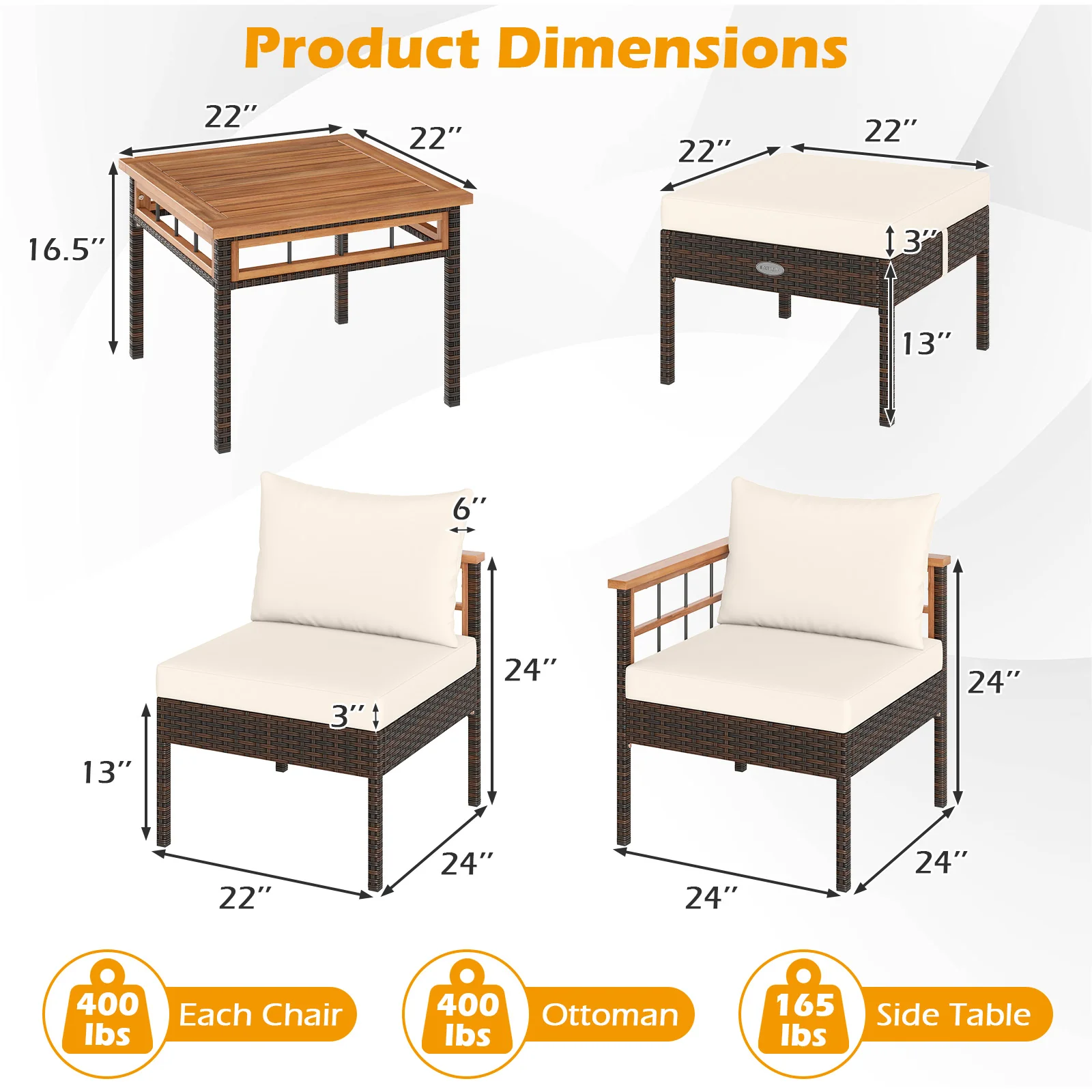 Patio Rattan Chairs with Ottomans and Side Table for Backyard-WH+, White - Image 6