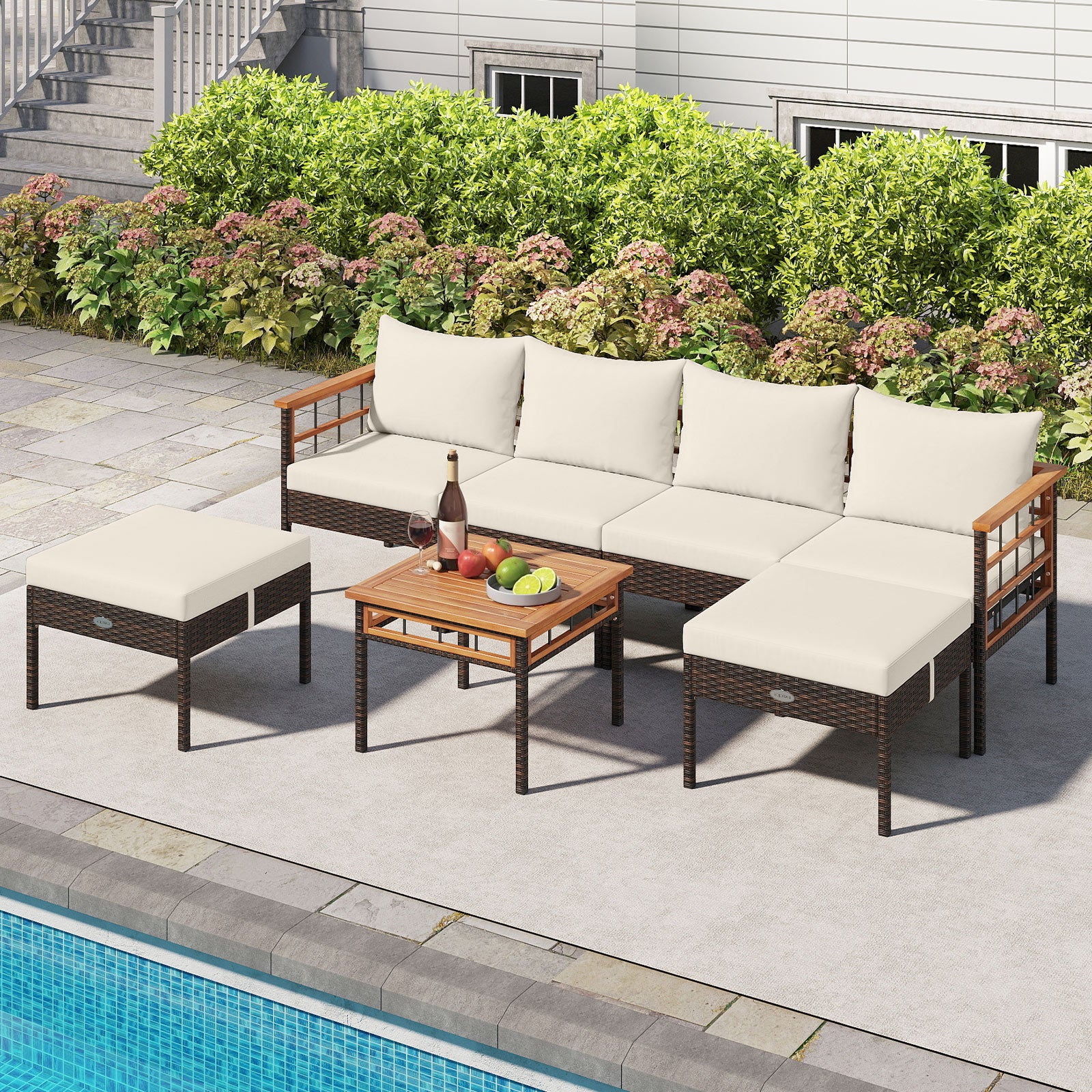 Patio Rattan Chairs with Ottomans and Side Table for Backyard-WH+, White - Image 7