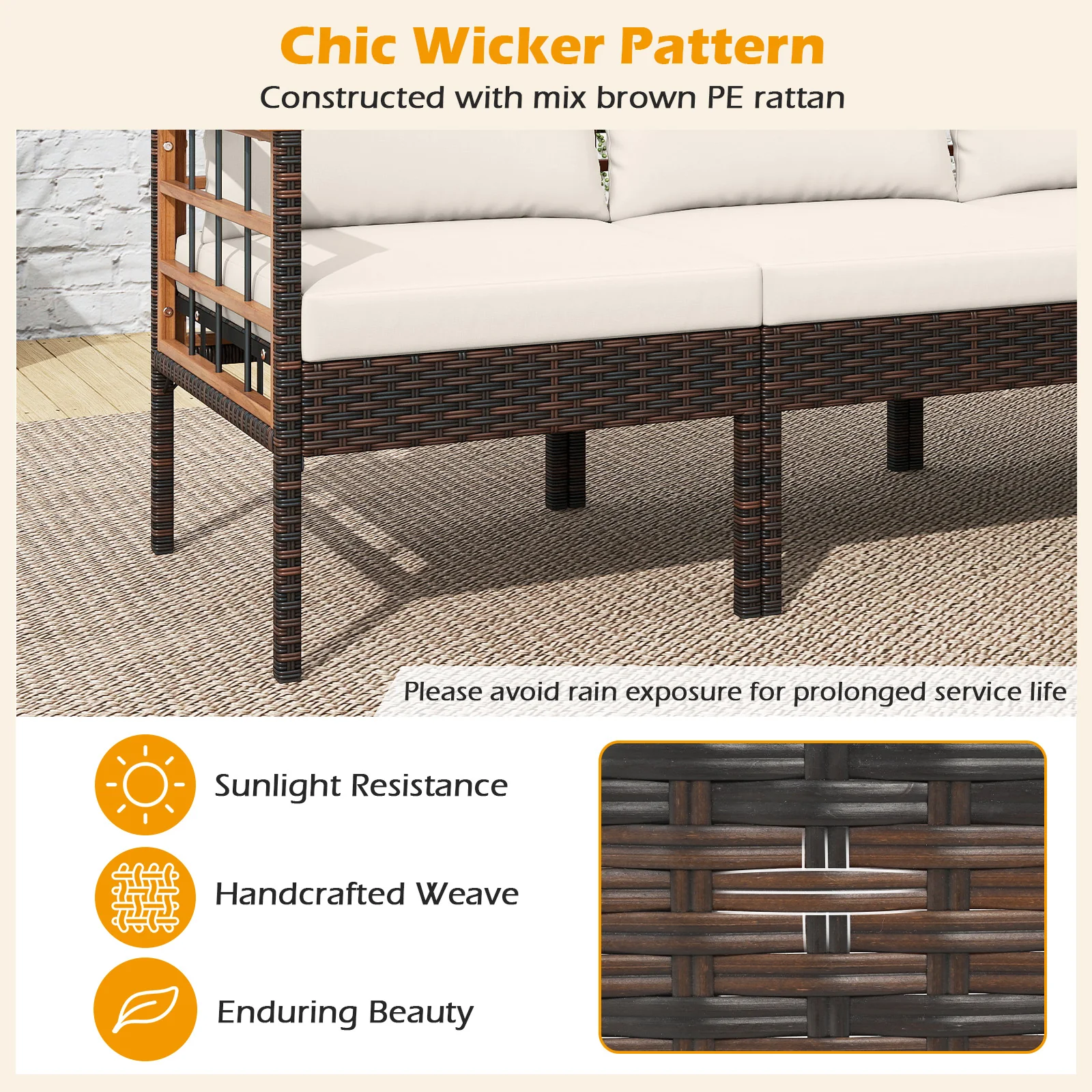 Patio Rattan Chairs with Ottomans and Side Table for Backyard-WH+, White - Image 8