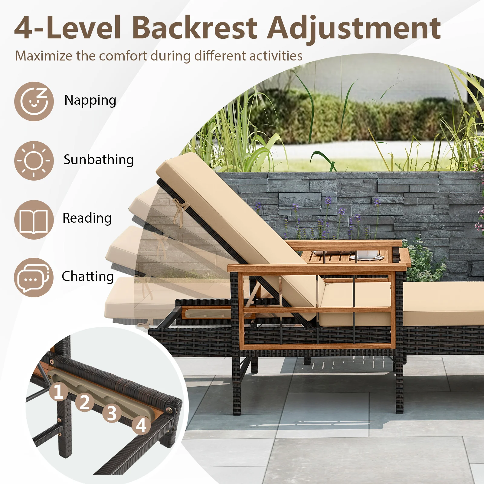 Patio Rattan Chaise Lounge with Side Table and Adjustable Backrest-WH, Brown - Image 10