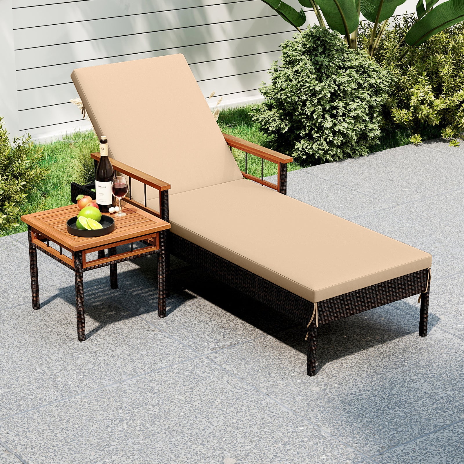 Patio Rattan Chaise Lounge with Side Table and Adjustable Backrest-WH, Brown - Image 2