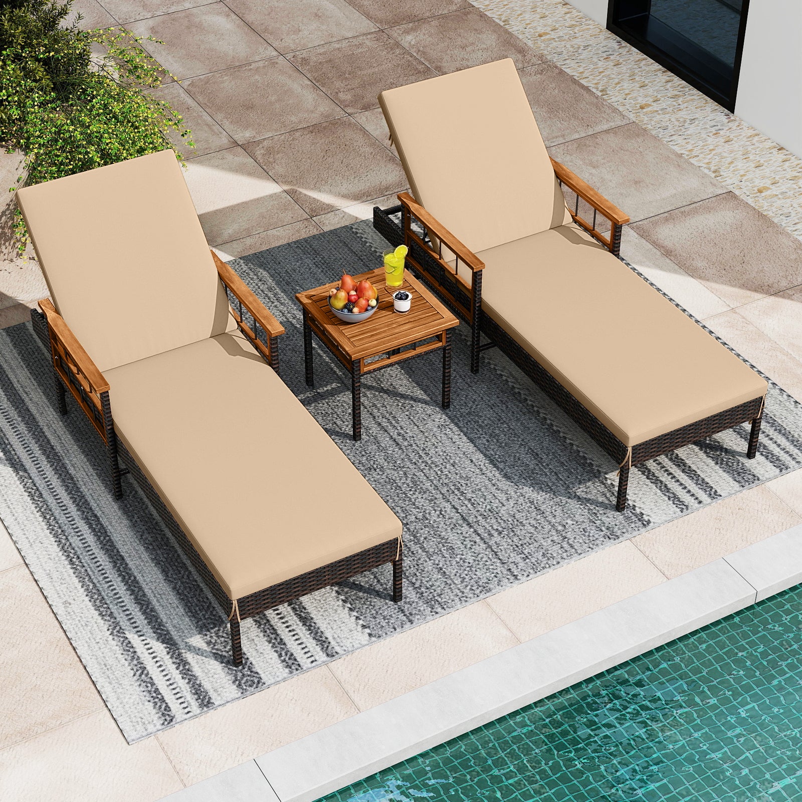 Patio Rattan Chaise Lounge with Side Table and Adjustable Backrest-WH, Brown - Image 3