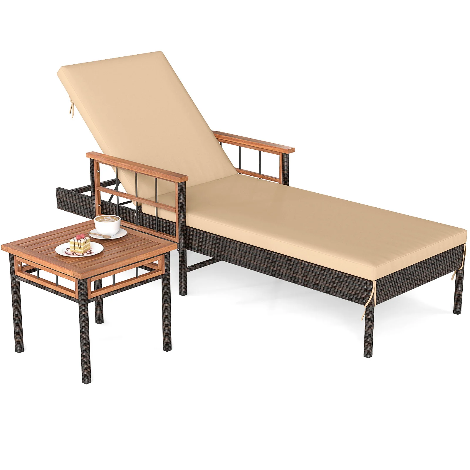 Patio Rattan Chaise Lounge with Side Table and Adjustable Backrest-WH, Brown - Image 4