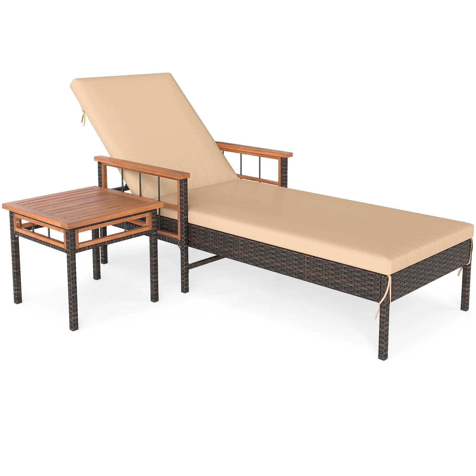 Patio Rattan Chaise Lounge with Side Table and Adjustable Backrest-WH, Brown - Image 5