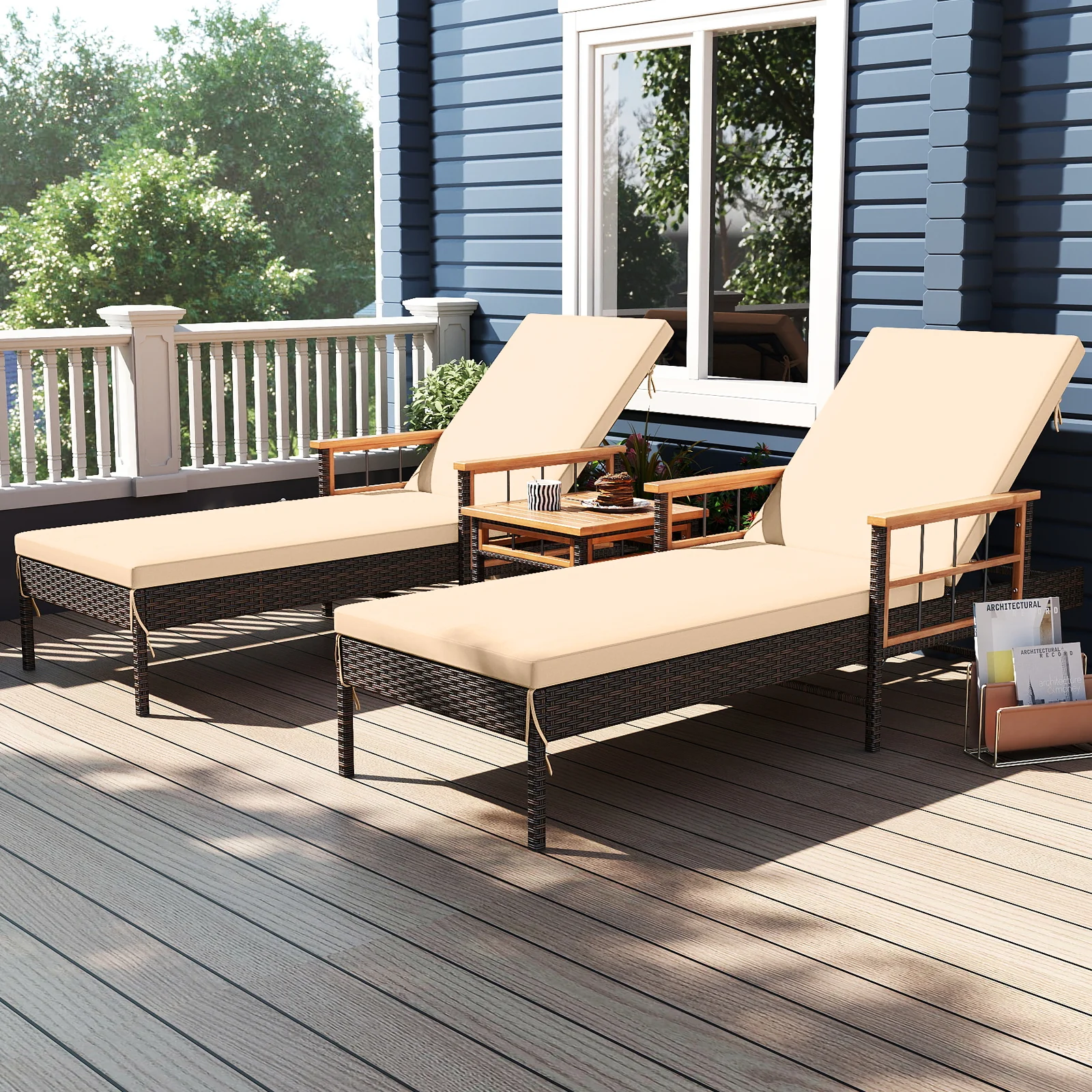 Patio Rattan Chaise Lounge with Side Table and Adjustable Backrest-WH, Brown - Image 7