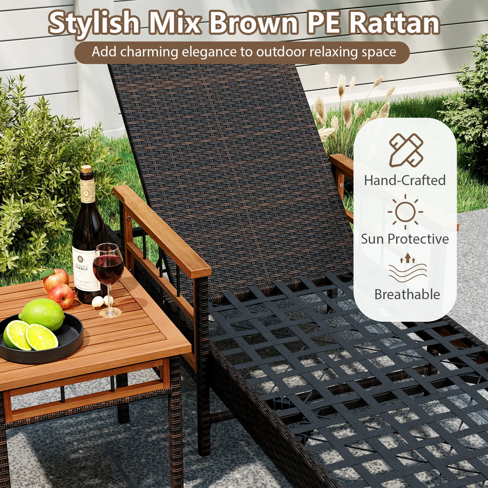 Patio Rattan Chaise Lounge with Side Table and Adjustable Backrest-WH, Brown - Image 8