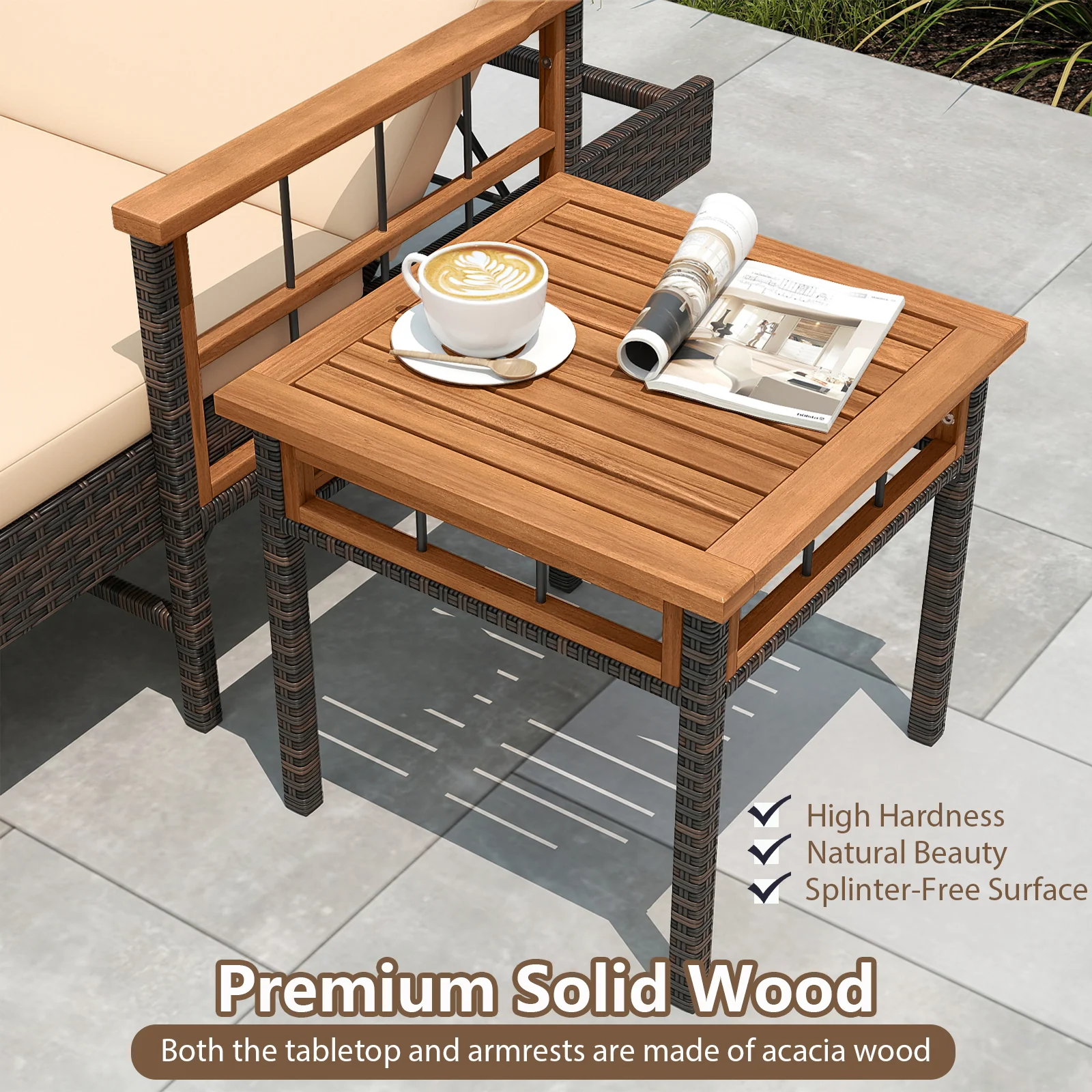 Patio Rattan Chaise Lounge with Side Table and Adjustable Backrest-WH, Brown - Image 9